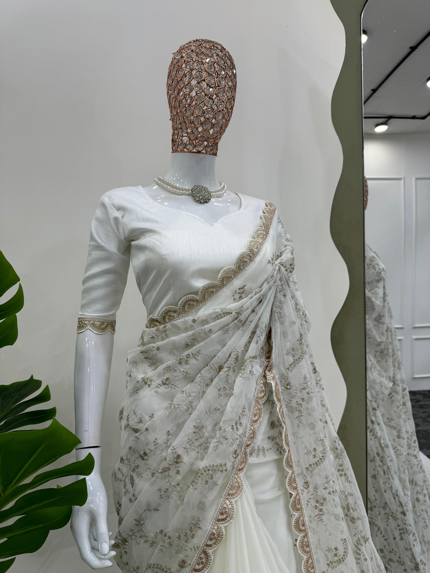 White Heavy Tibby Silk With Coding Work Saree