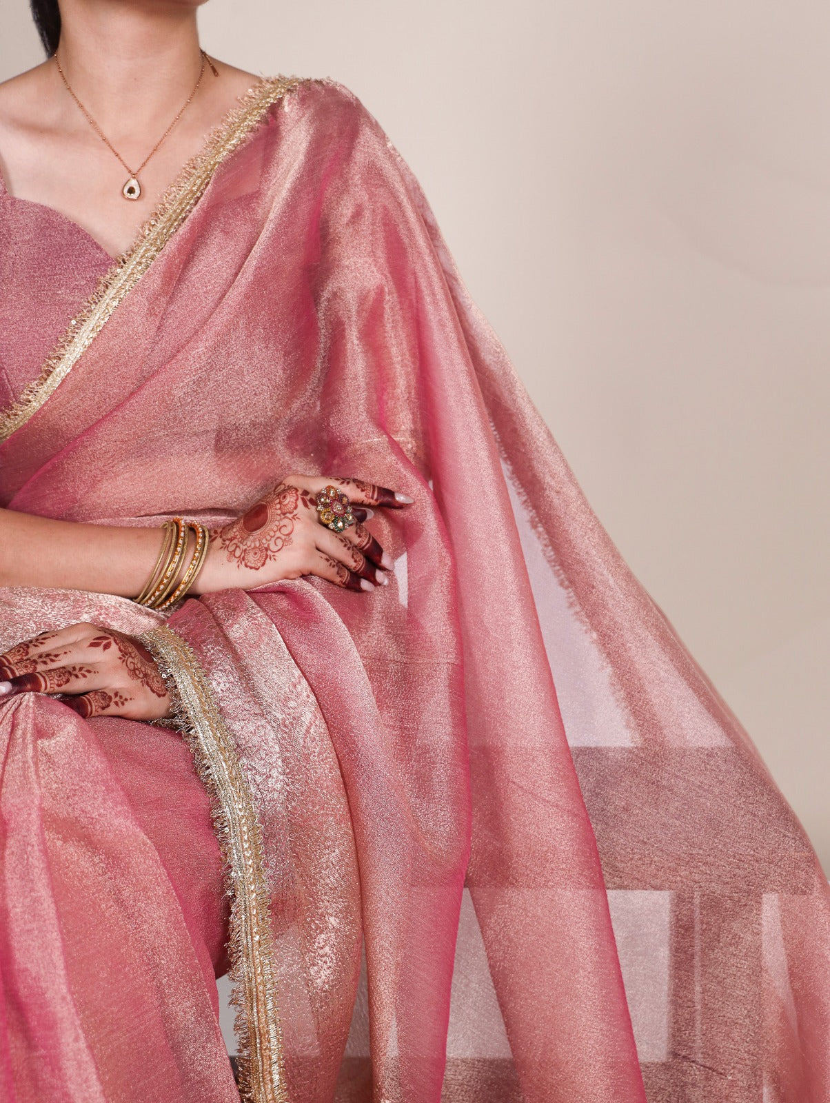 Light Pink Tissue Shimmer Zari With Sequins Lace Border Sare