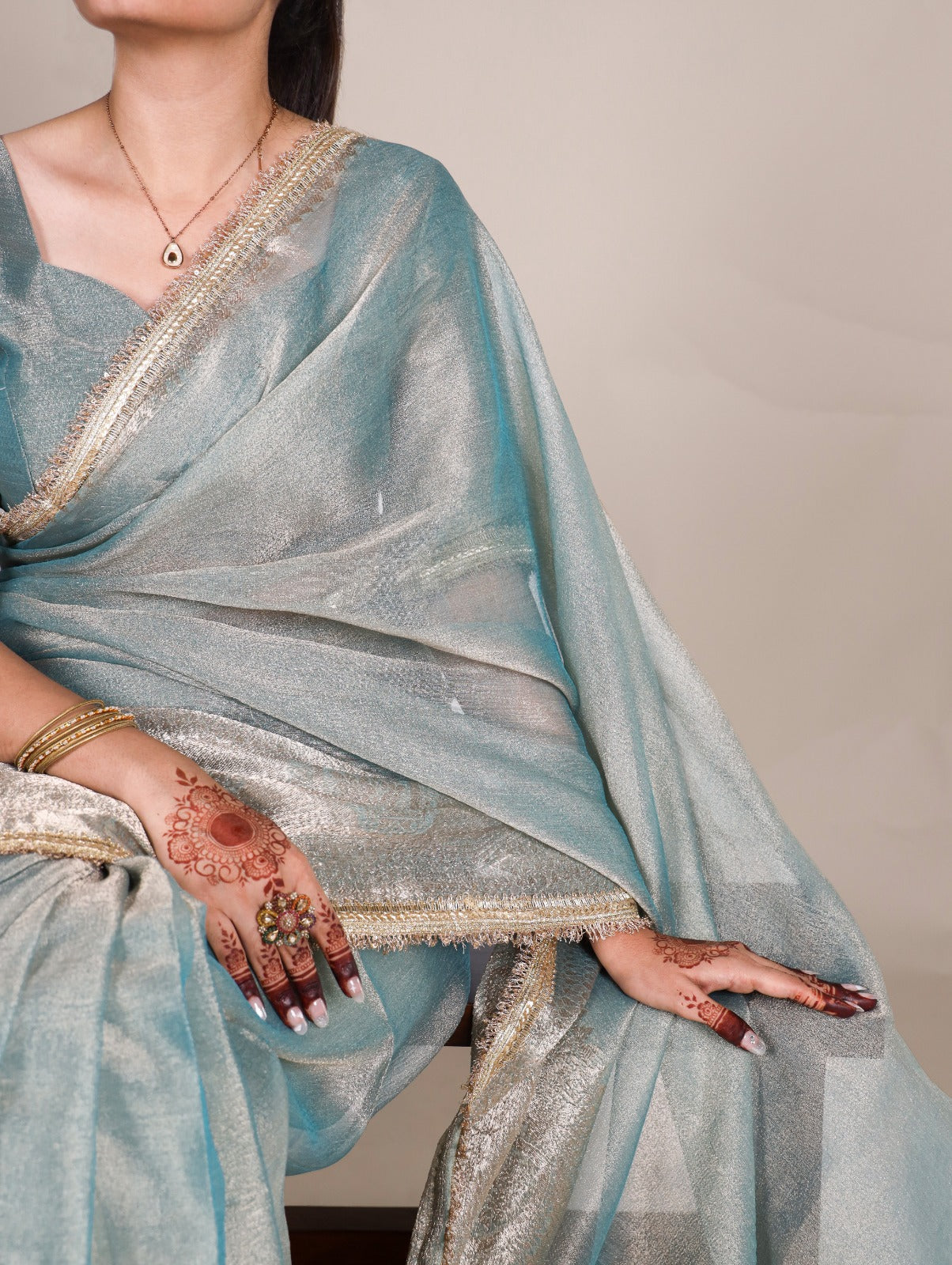 Sky Blue Tissue Shimmer Zari With Sequins Lace Border Sare