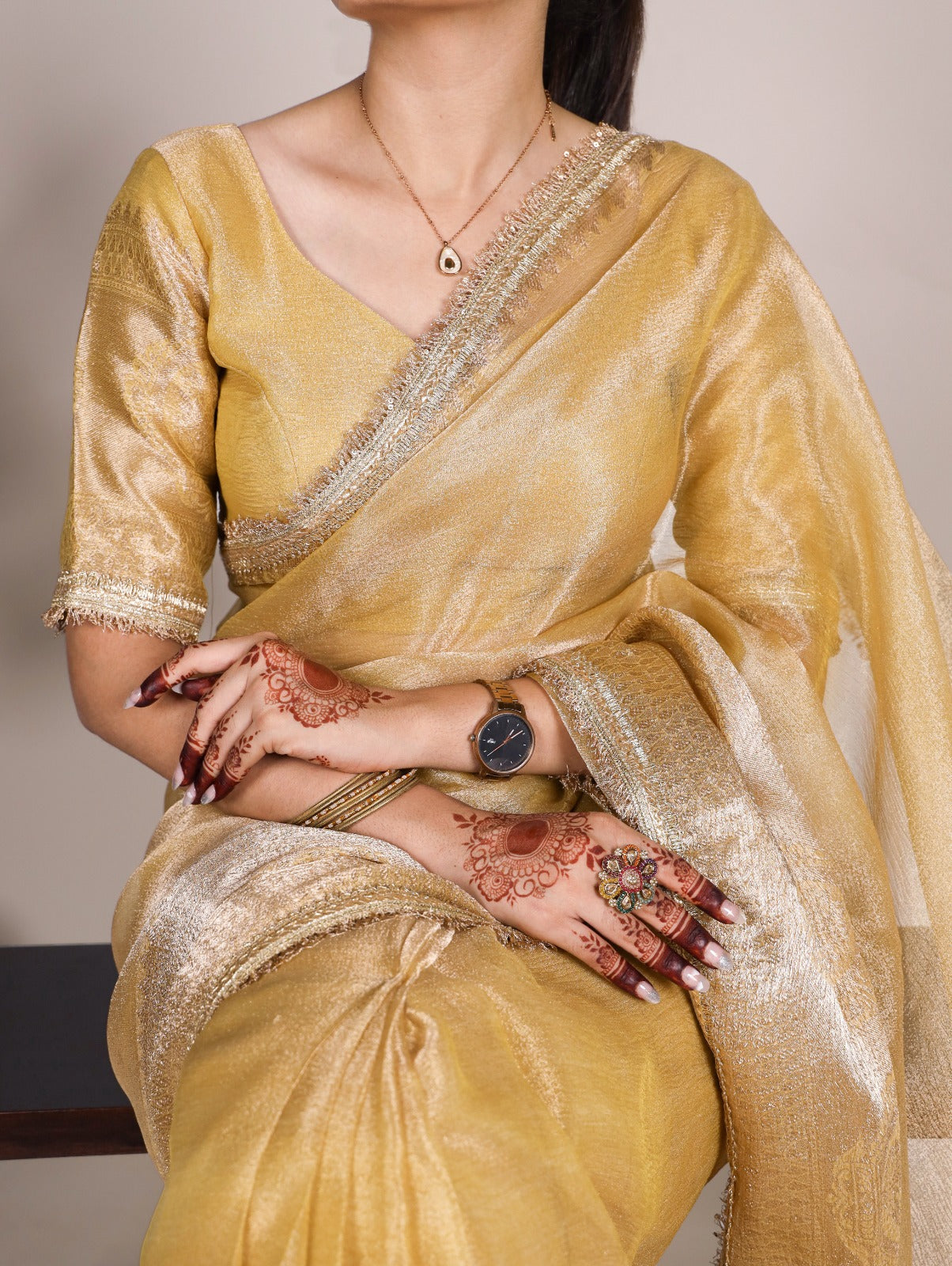 Golden Tissue Shimmer Zari With Sequins Lace Border Sare
