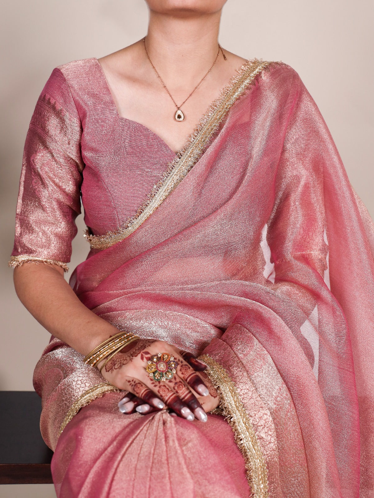 Light Pink Tissue Shimmer Zari With Sequins Lace Border Sare