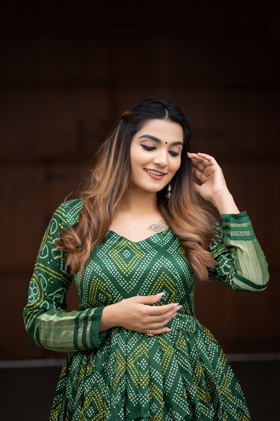 Green Gaji Silk With Bandhej Print Gown