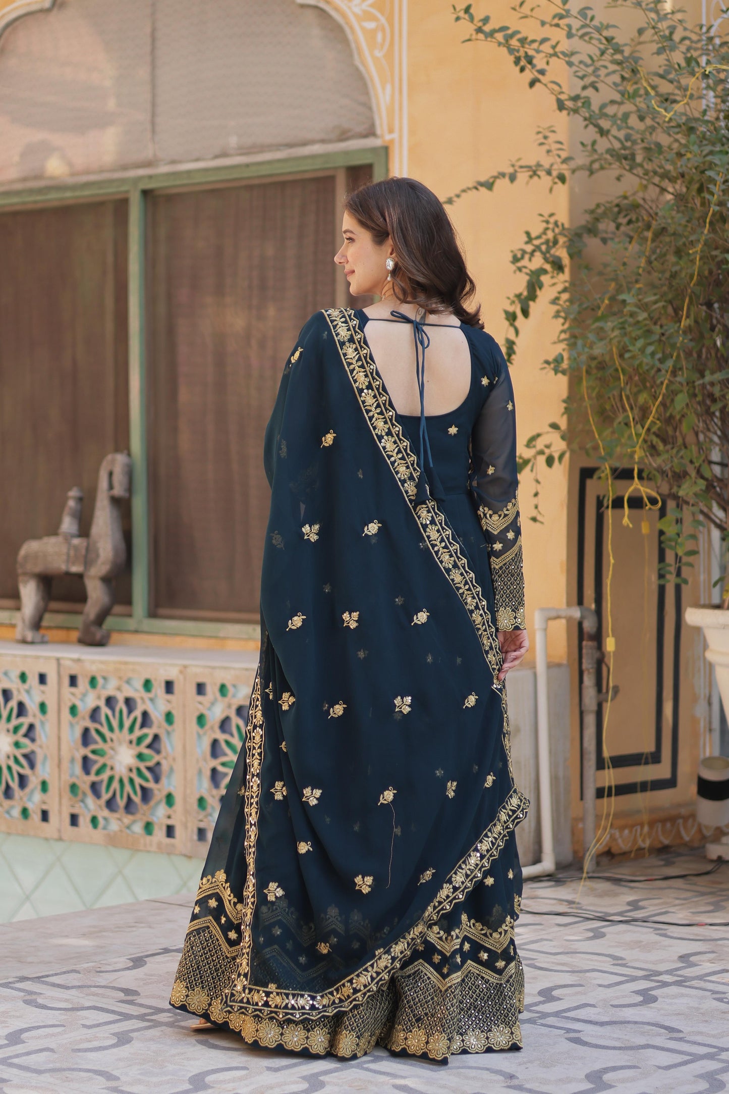 Designer Faux Georgette with Zari & Sequins Embroidery Gown With Dupatta