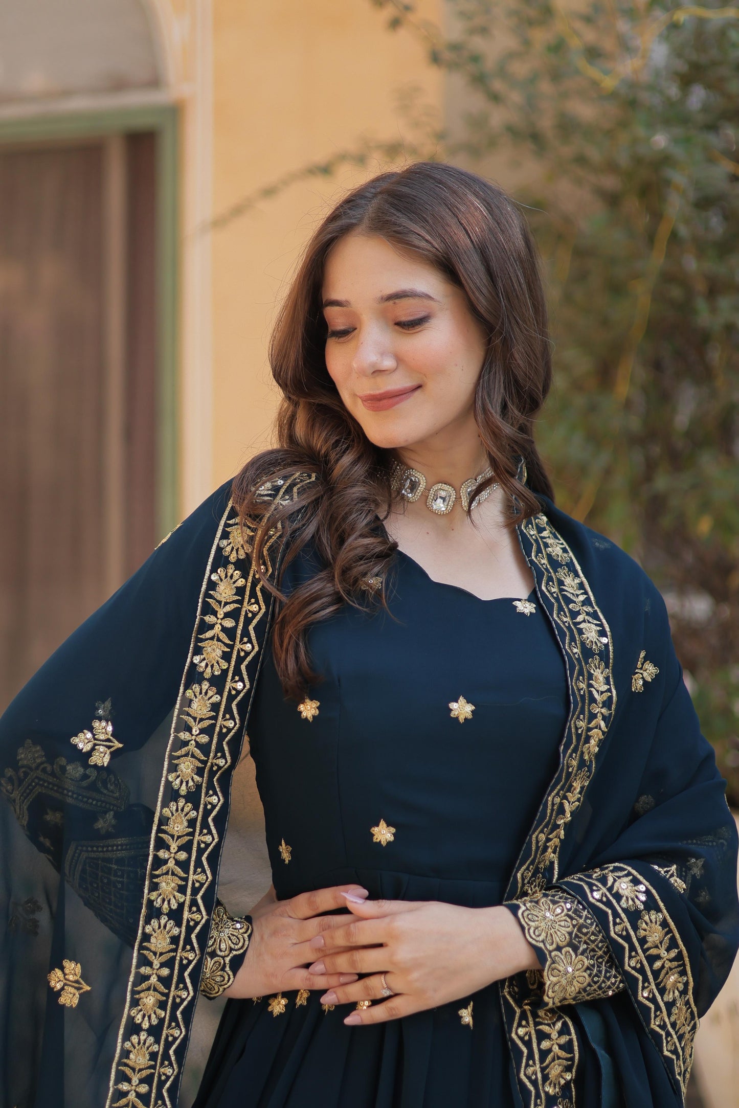 Designer Faux Georgette with Zari & Sequins Embroidery Gown With Dupatta