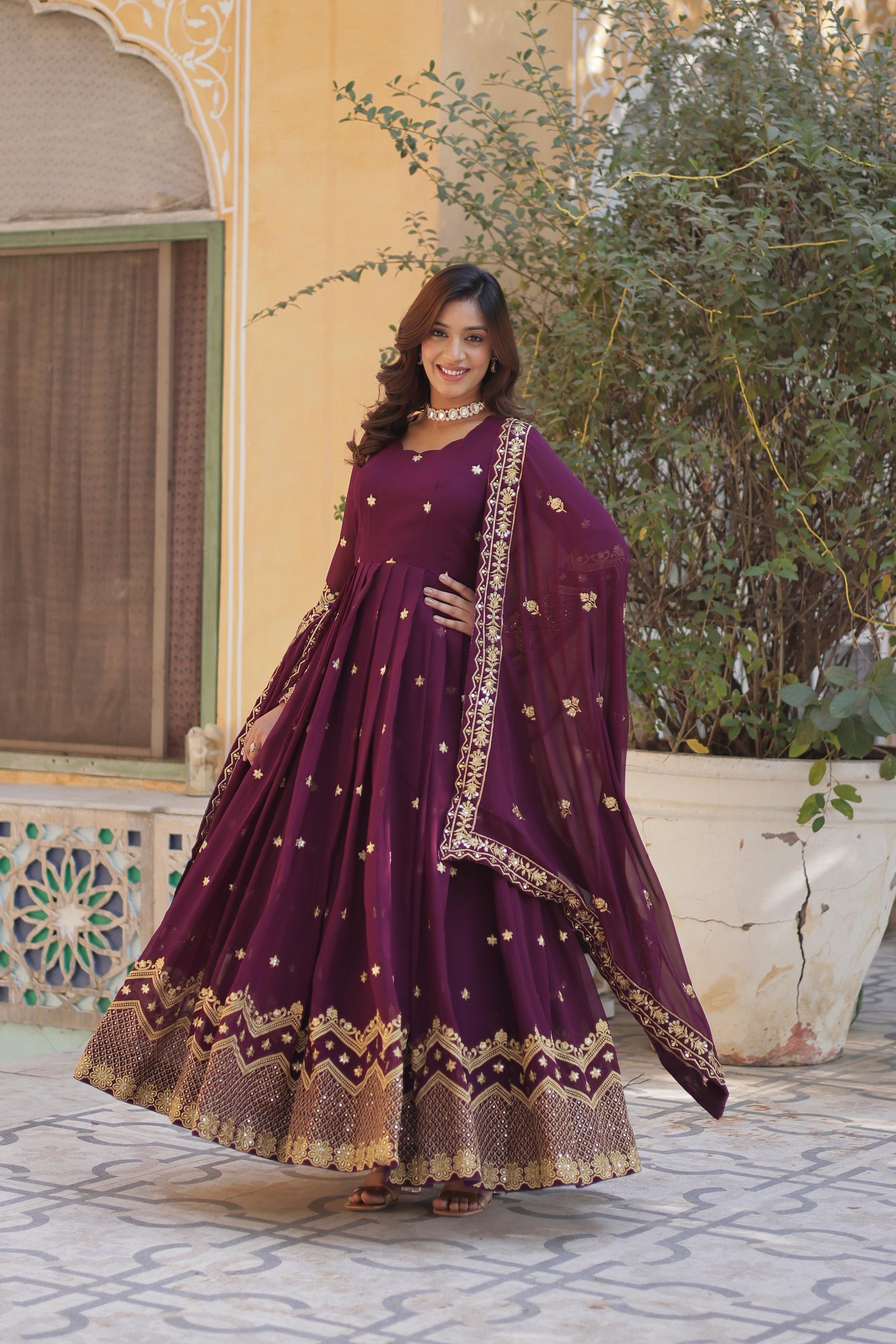 Designer Faux Georgette with Zari & Sequins Embroidery Gown With Dupatta