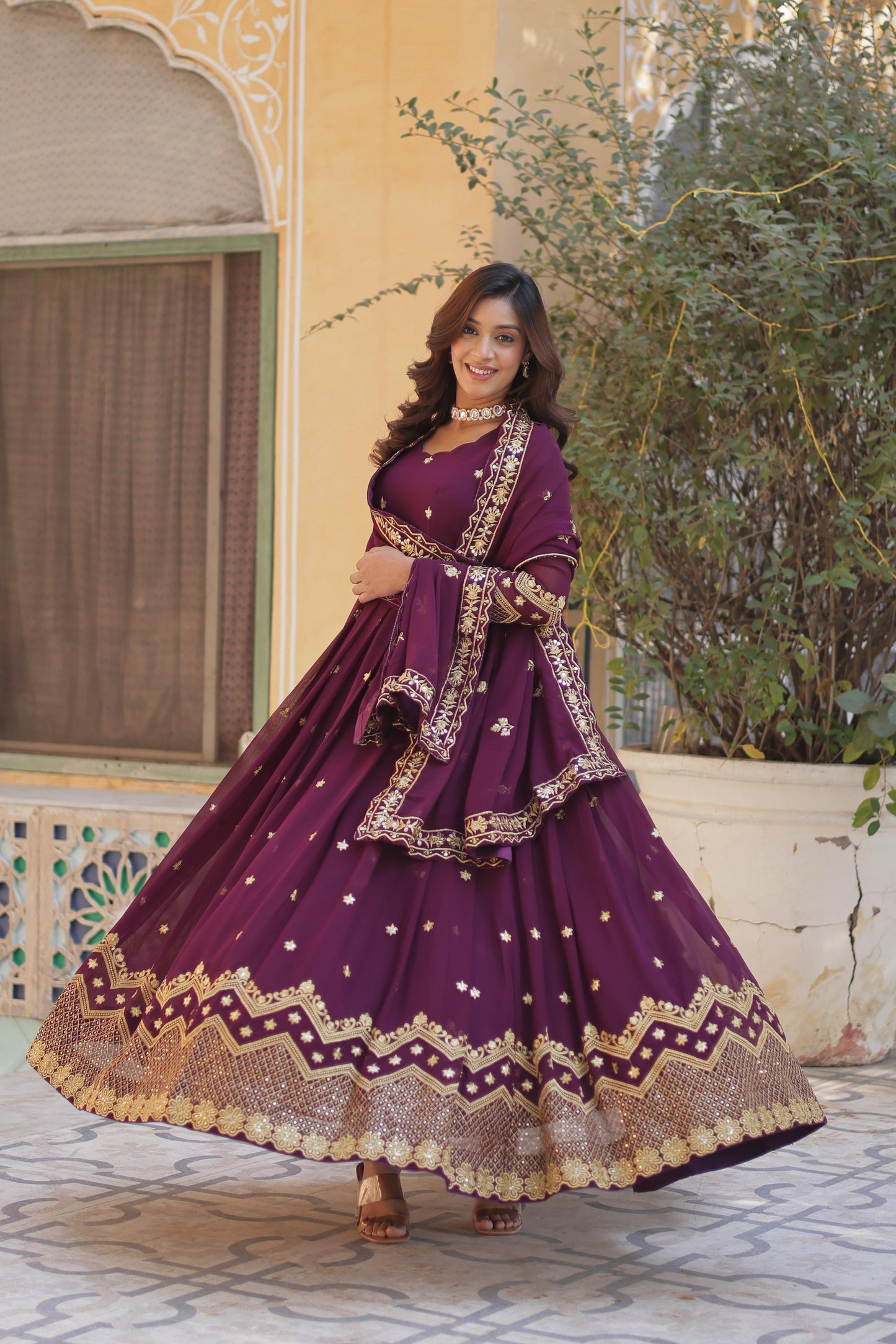 Designer Faux Georgette with Zari & Sequins Embroidery Gown With Dupatta