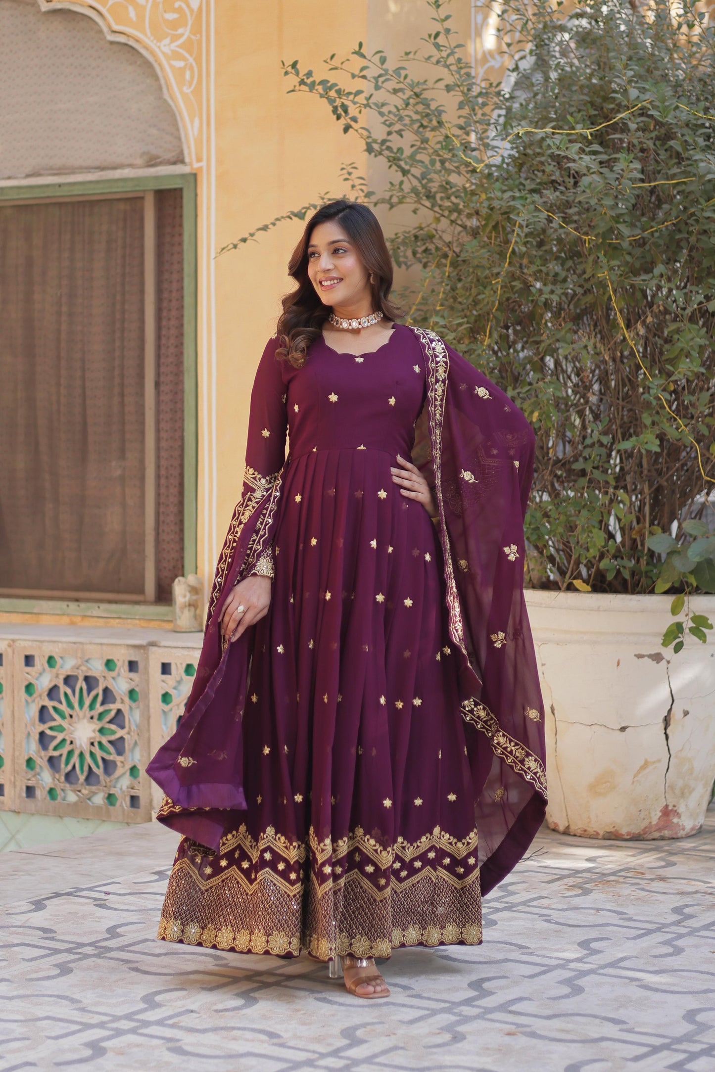 Designer Faux Georgette with Zari & Sequins Embroidery Gown With Dupatta