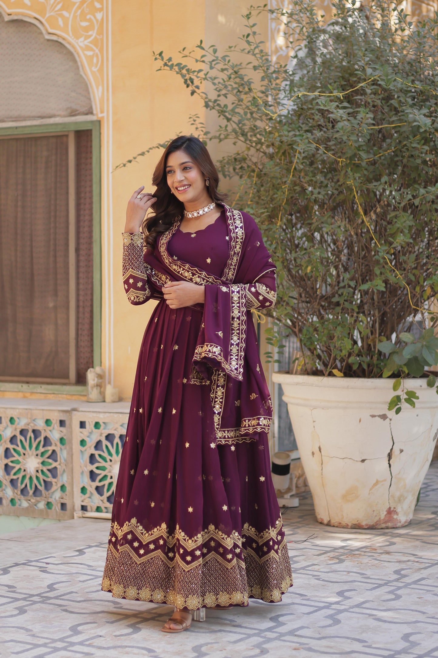 Designer Faux Georgette with Zari & Sequins Embroidery Gown With Dupatta