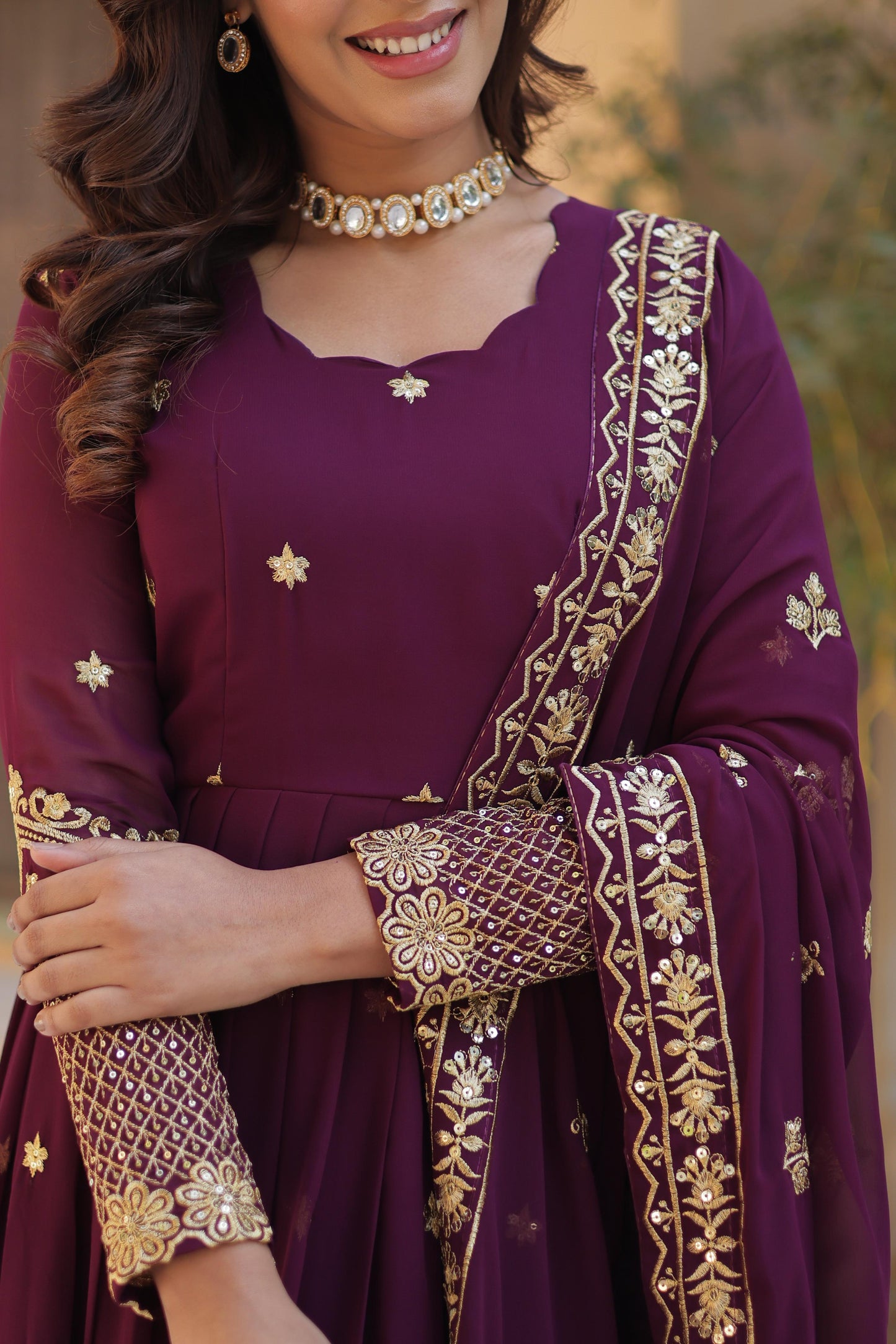 Designer Faux Georgette with Zari & Sequins Embroidery Gown With Dupatta
