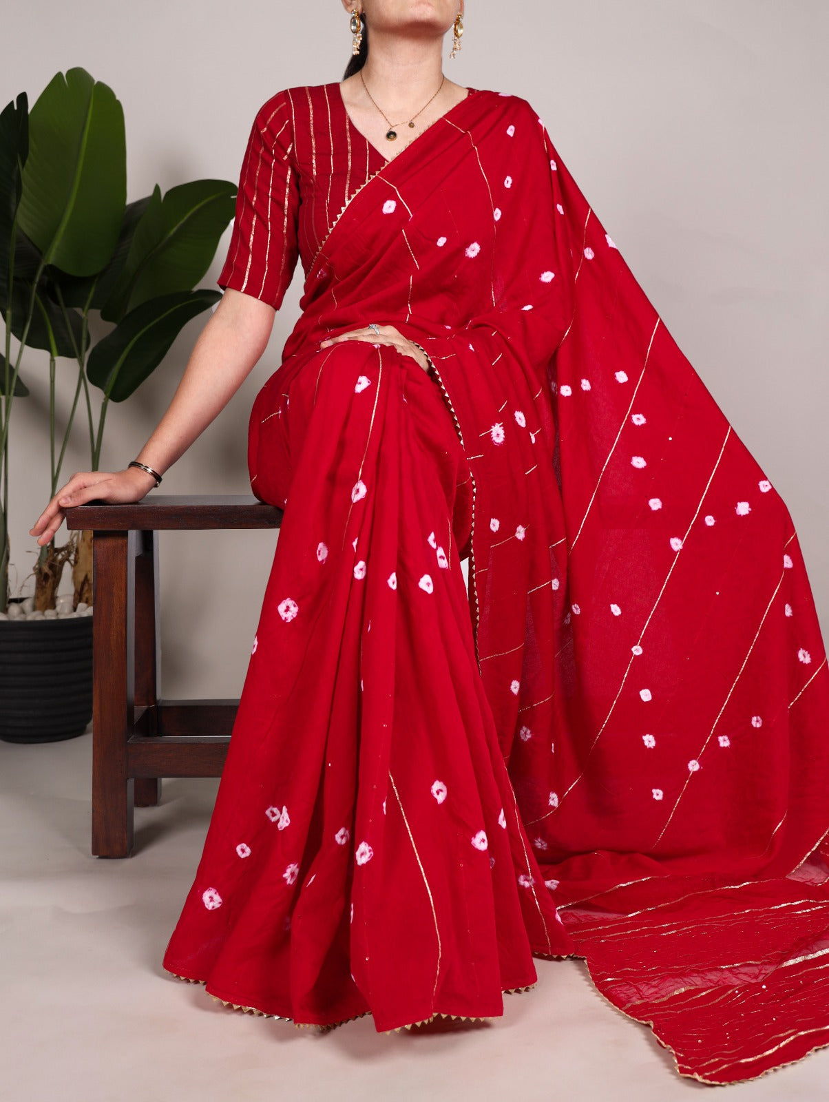 Red Viscose Chanderi With Gota Patti Lace Border Saree