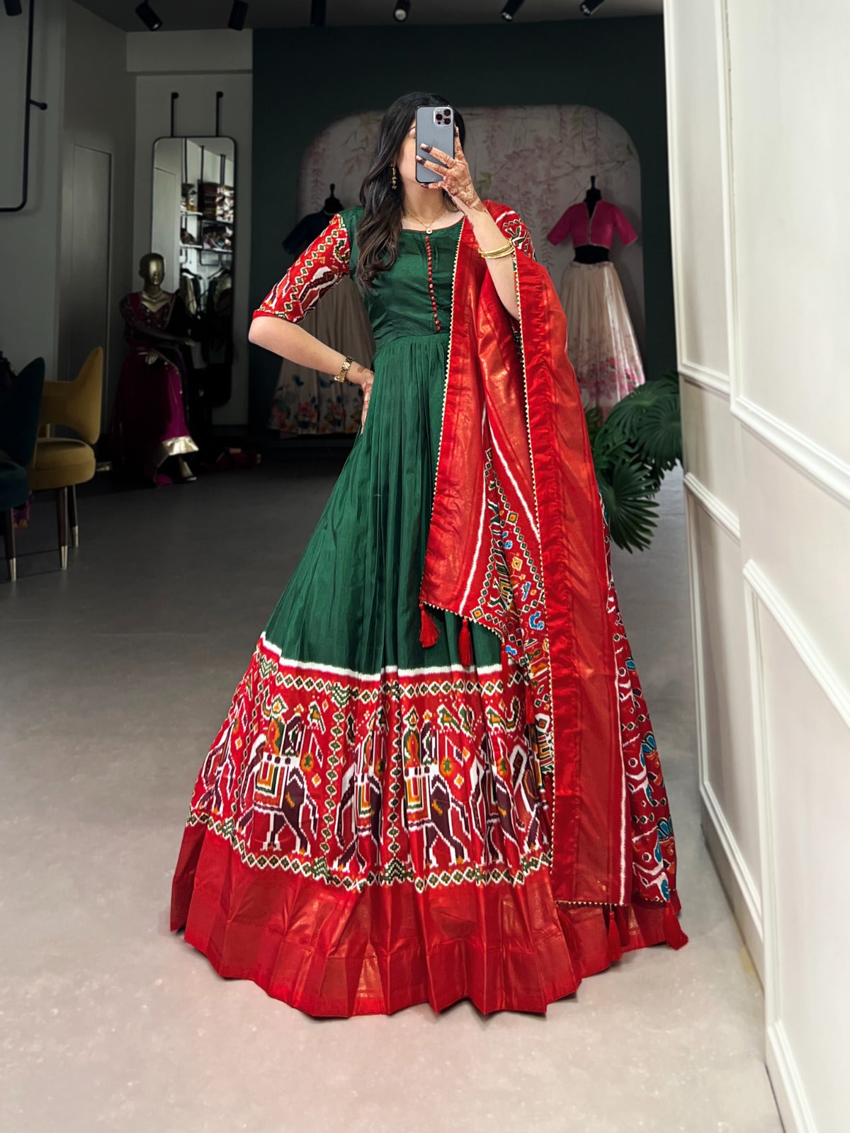 Green Dola Silk With Patola and Foil Print Gown With Dupatta