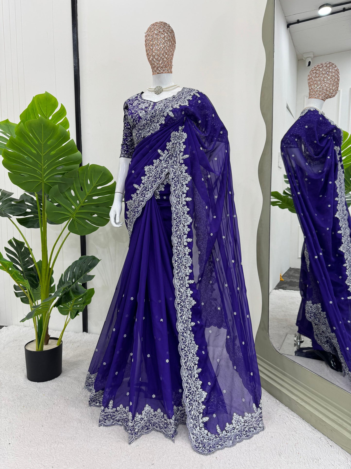 Blue Heavy Tibby Silk With Sequence Work Saree