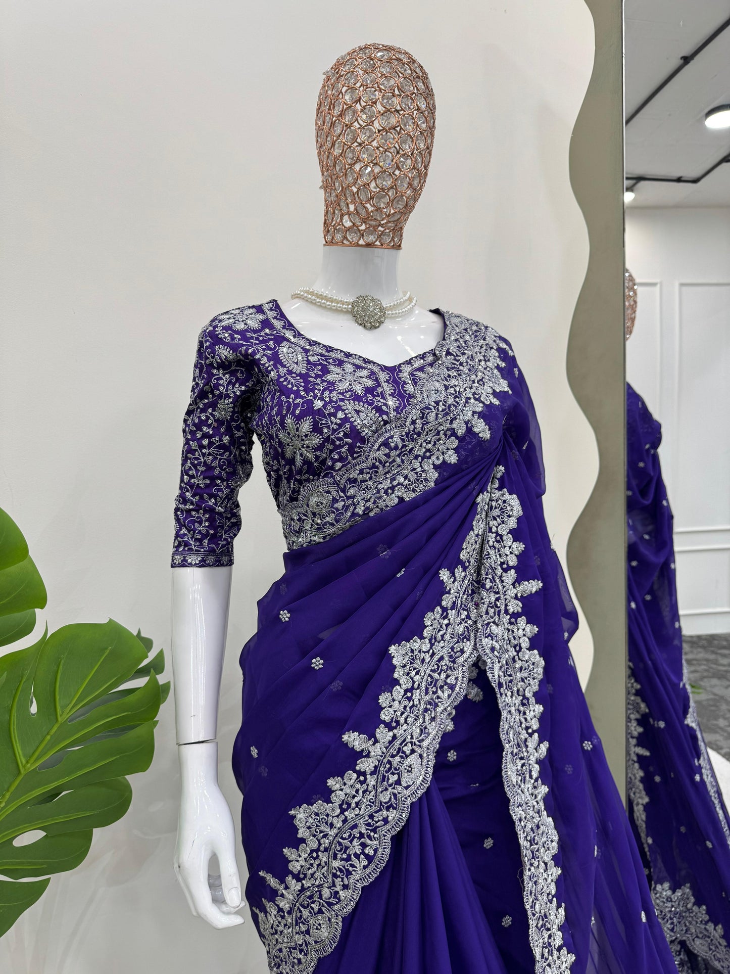 Blue Heavy Tibby Silk With Sequence Work Saree