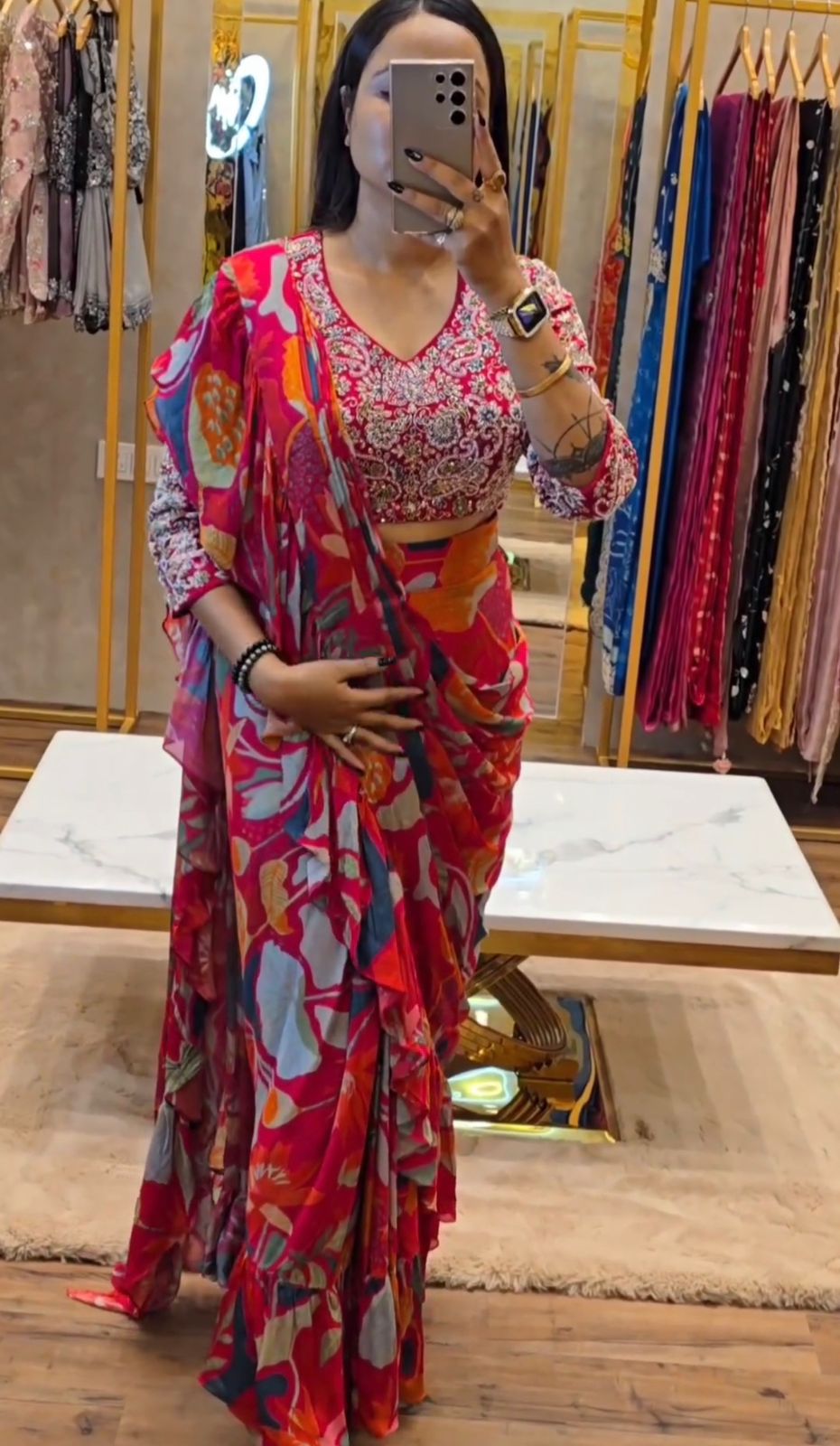 Georgette Embroidery With Digital Print Ready To Wear Saree