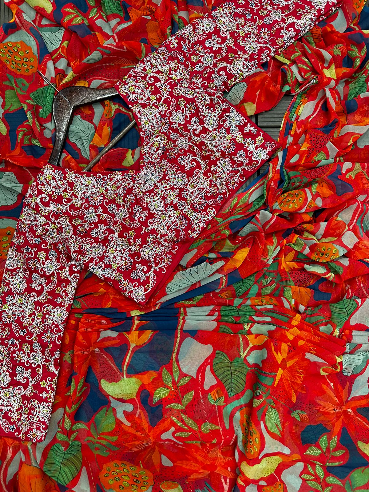 Georgette Embroidery With Digital Print Ready To Wear Saree