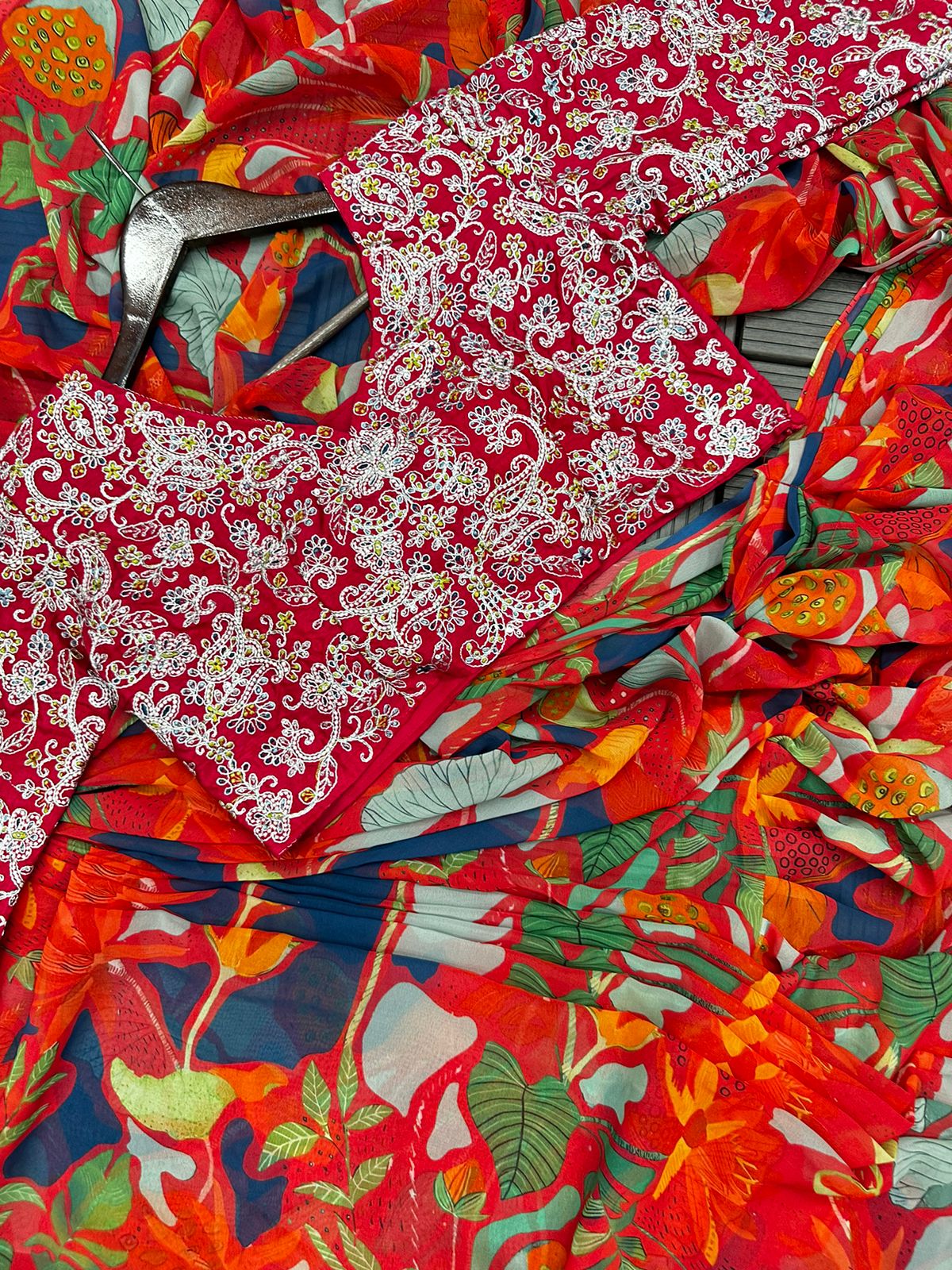 Georgette Embroidery With Digital Print Ready To Wear Saree