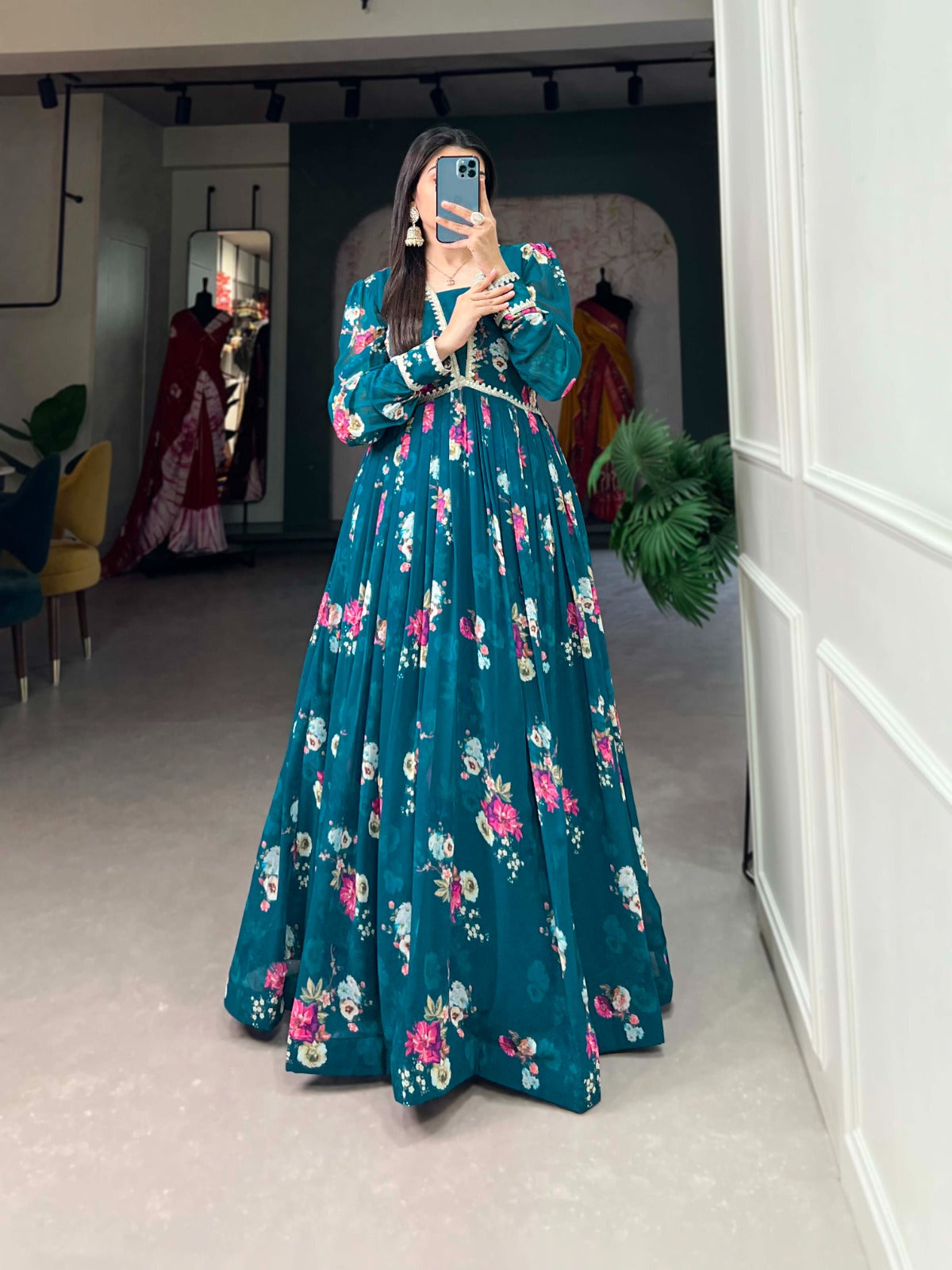 Firozi Georgette Floral print Gown