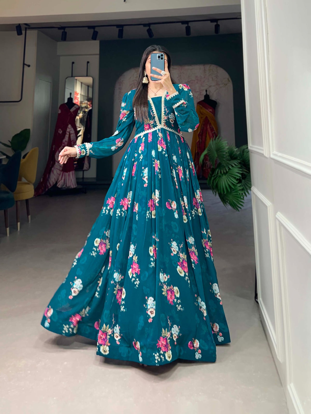 Firozi Georgette Floral print Gown