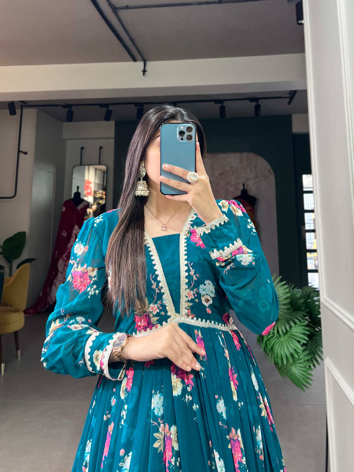 Firozi Georgette Floral print Gown