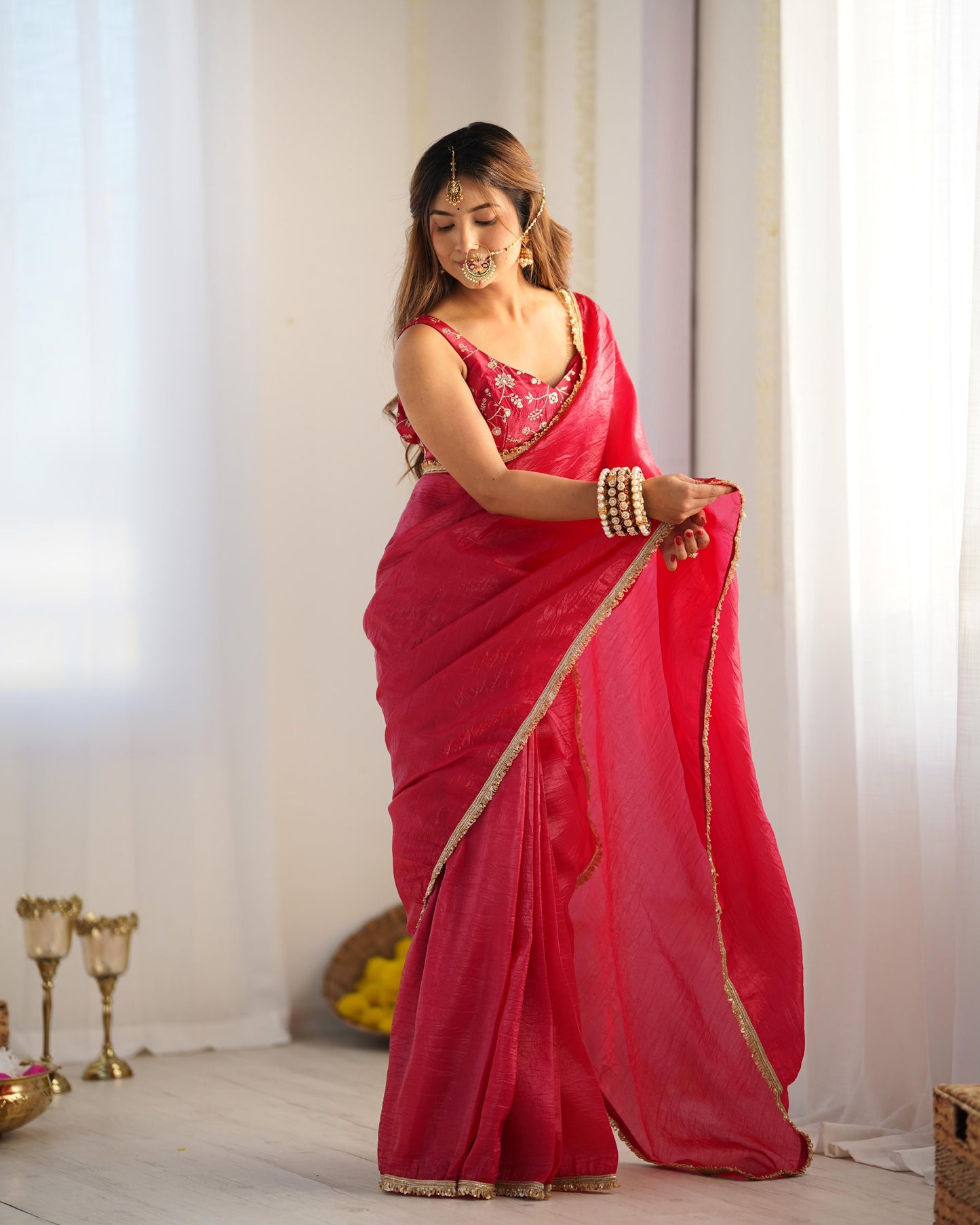 Rani Gold Crush Tissu With Zari Work Ready To Wear Saree