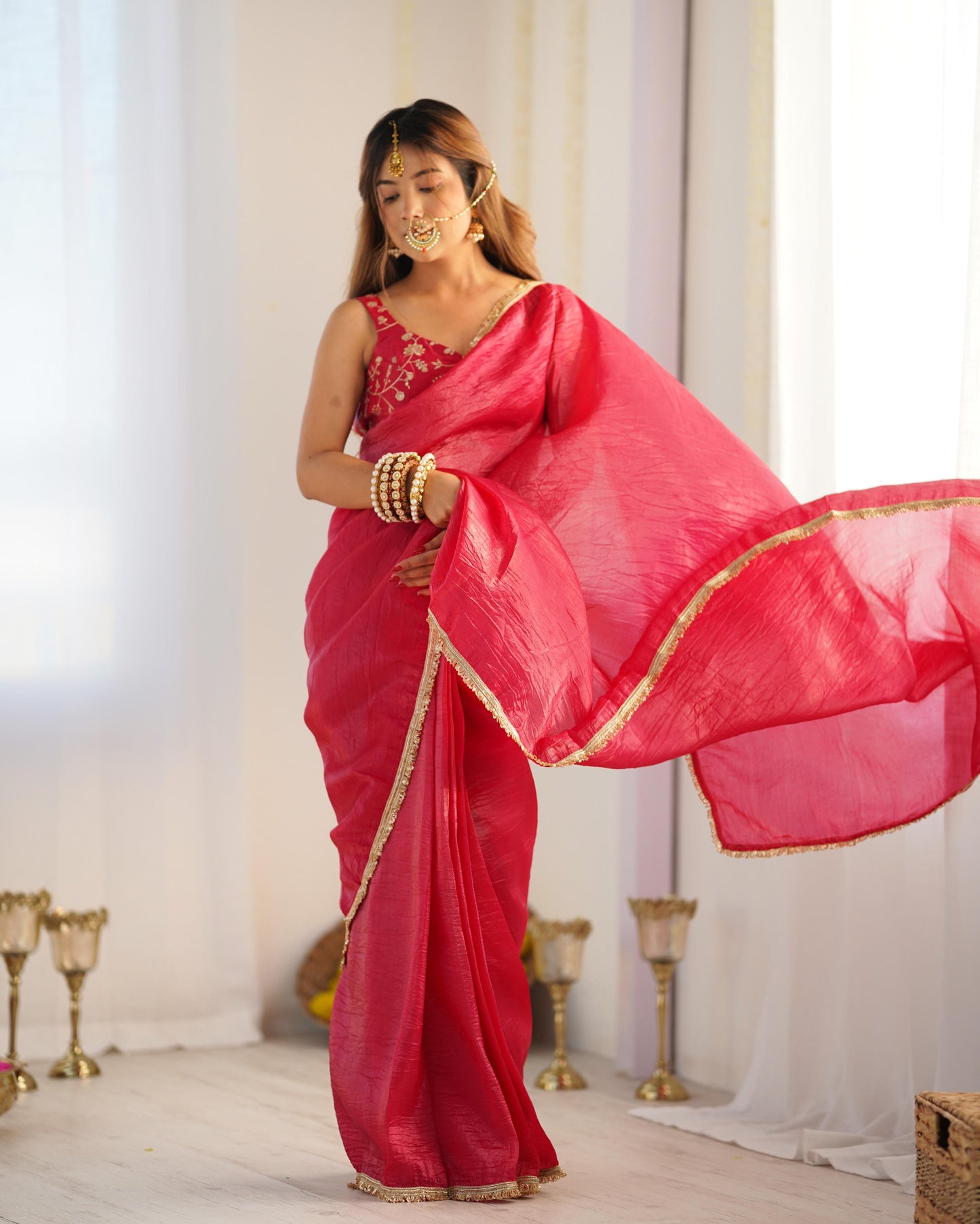 Rani Gold Crush Tissu With Zari Work Ready To Wear Saree