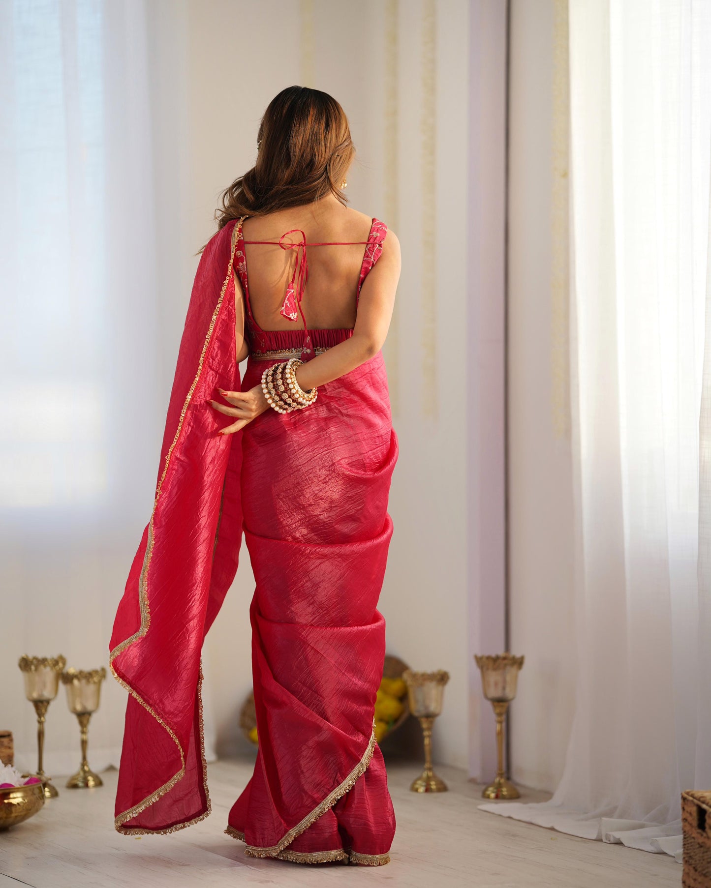 Rani Gold Crush Tissu With Zari Work Ready To Wear Saree
