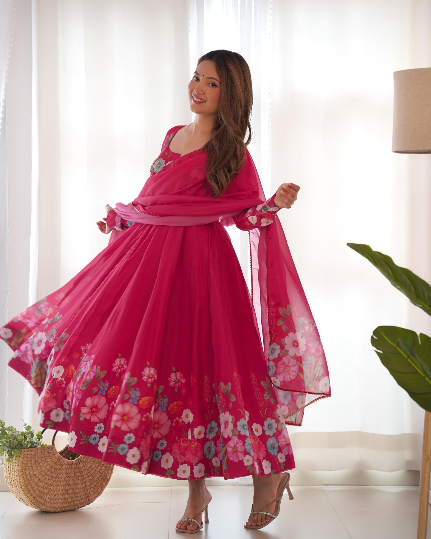 Pink Color Floral Print Organja Anarkali 3PC Kurta Set