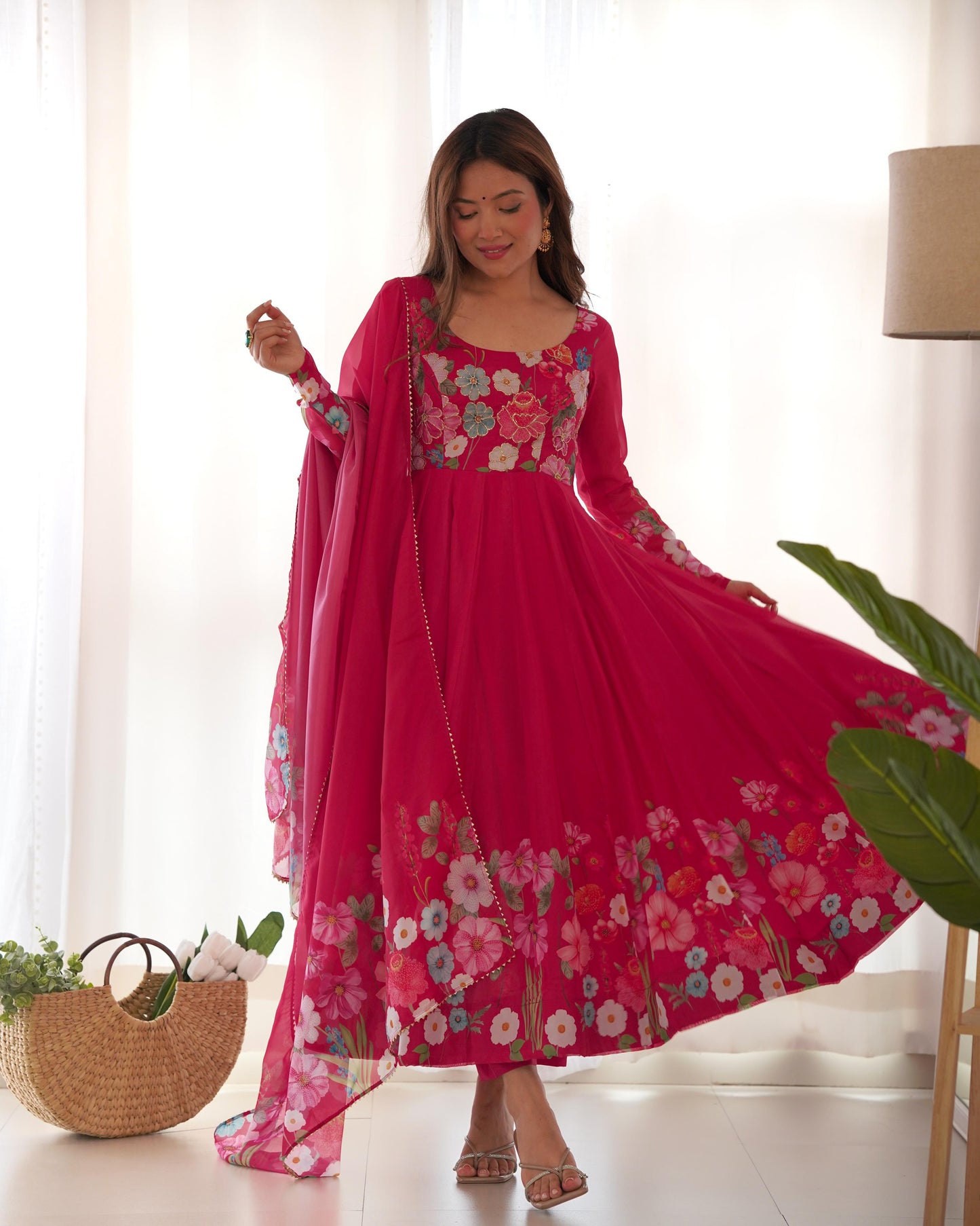 Pink Color Floral Print Organja Anarkali 3PC Kurta Set