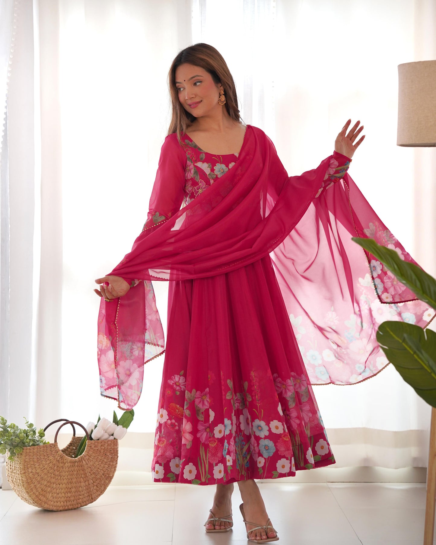 Pink Color Floral Print Organja Anarkali 3PC Kurta Set