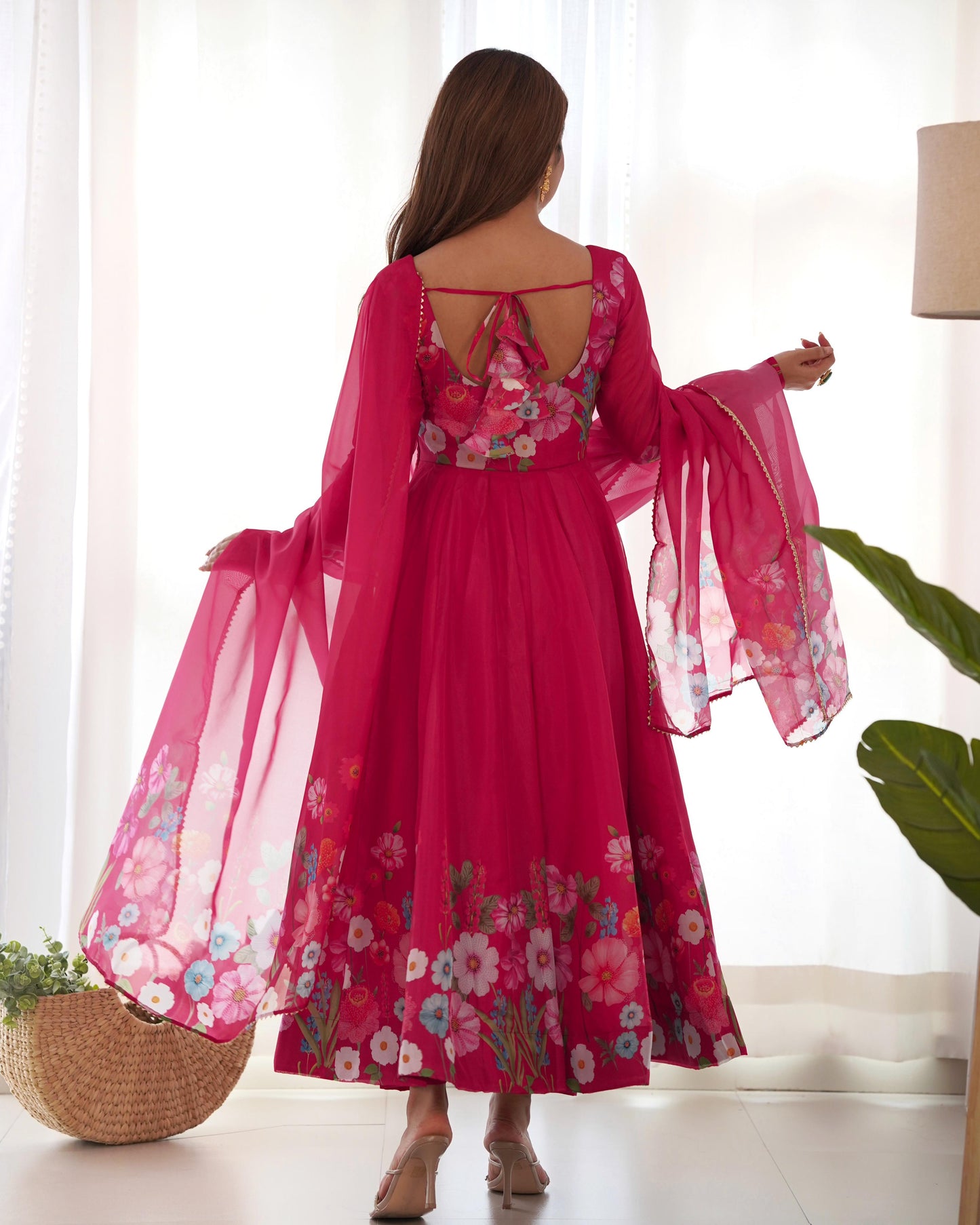 Pink Color Floral Print Organja Anarkali 3PC Kurta Set