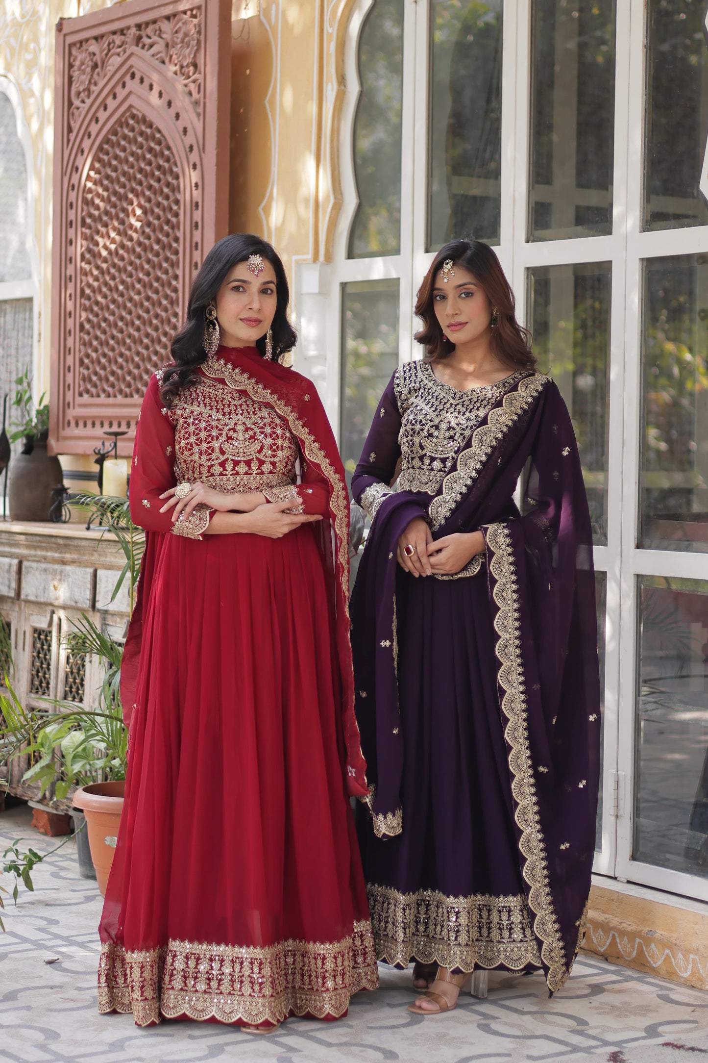 Red Faux Blooming With Embroidery Sequins-work Gown With Dupattta