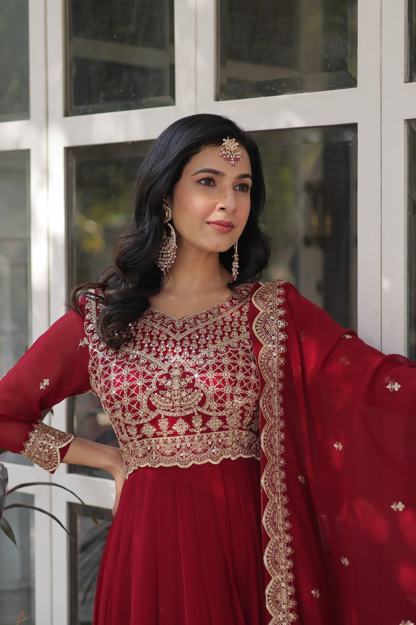 Red Faux Blooming With Embroidery Sequins-work Gown With Dupattta