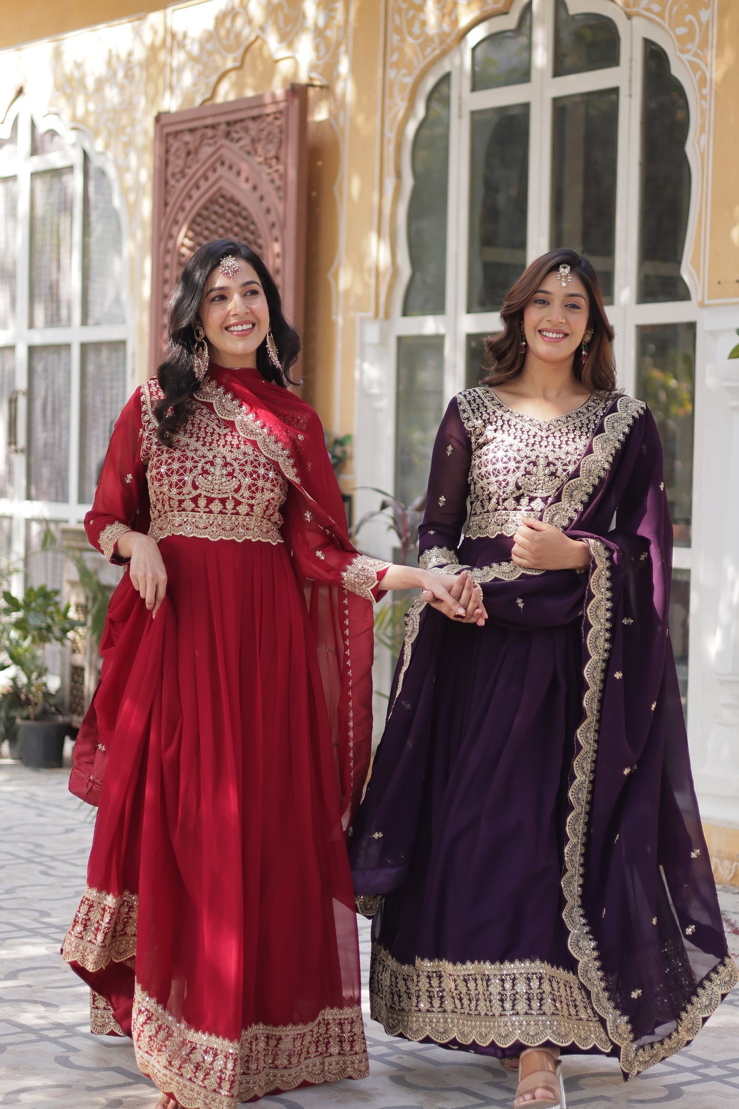Red Faux Blooming With Embroidery Sequins-work Gown With Dupattta