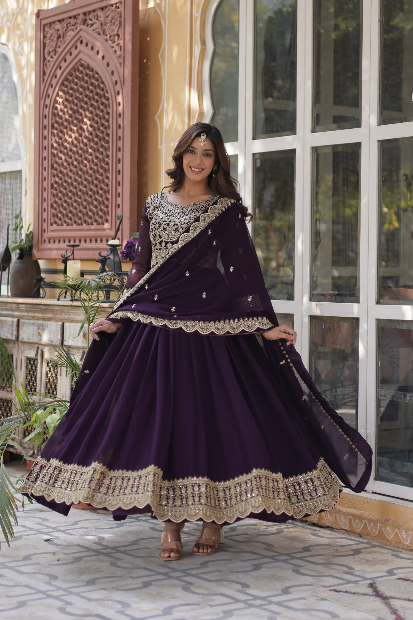 Red Faux Blooming With Embroidery Sequins-work Gown With Dupattta
