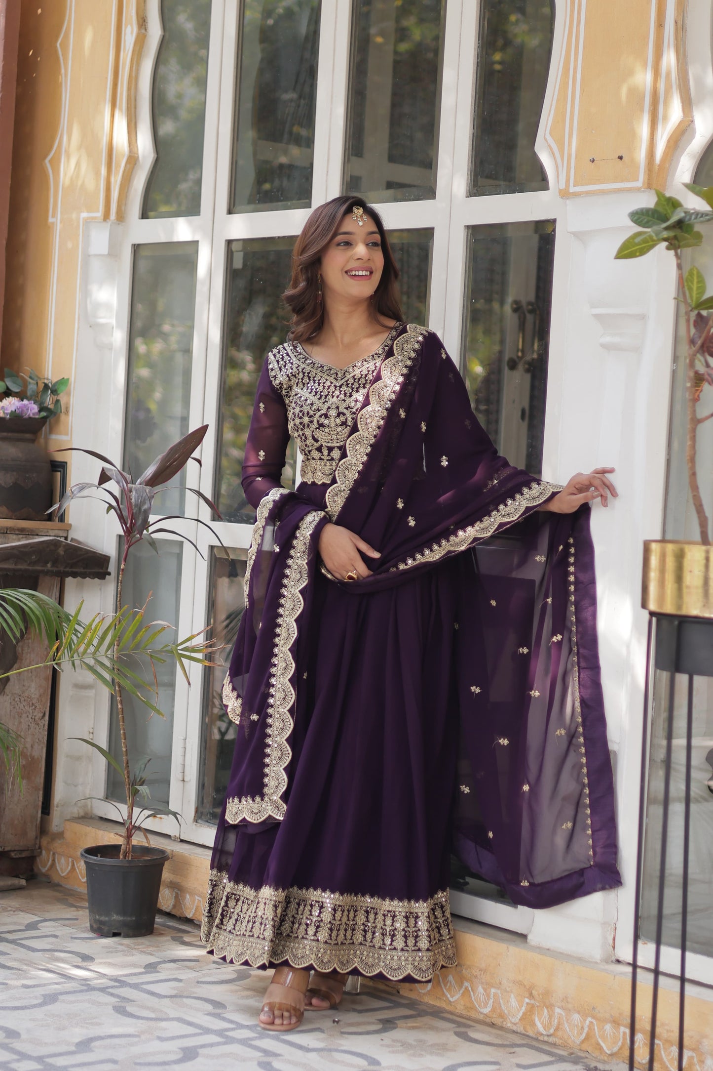 Red Faux Blooming With Embroidery Sequins-work Gown With Dupattta