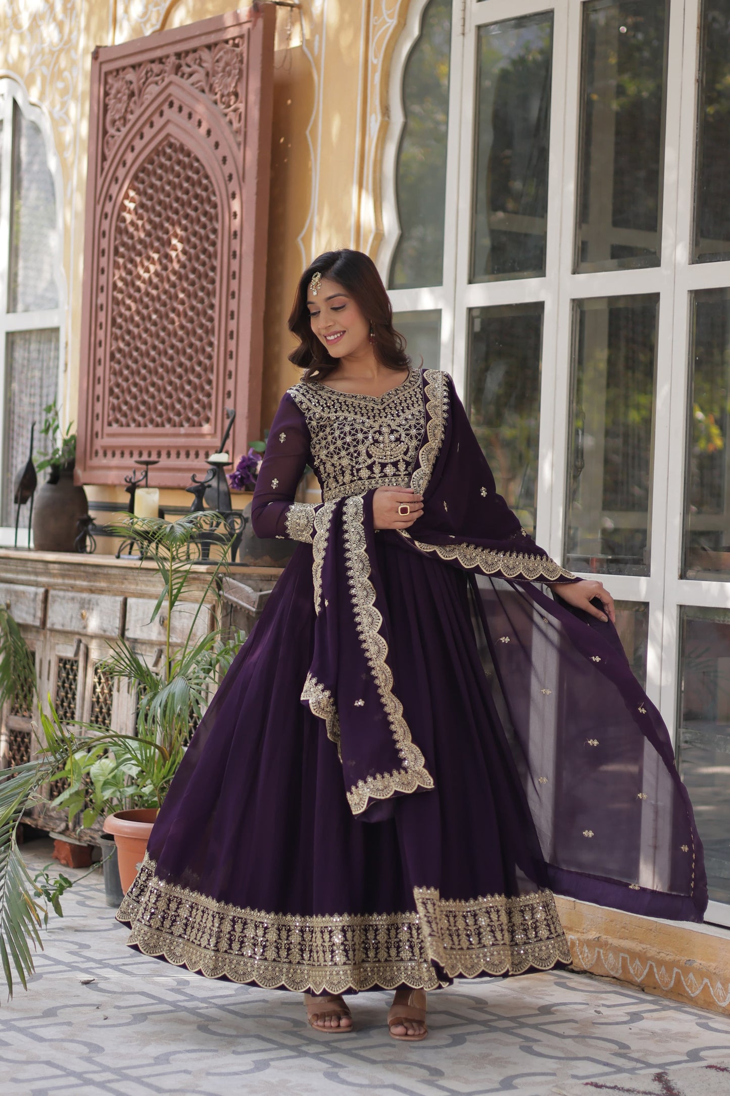 Red Faux Blooming With Embroidery Sequins-work Gown With Dupattta