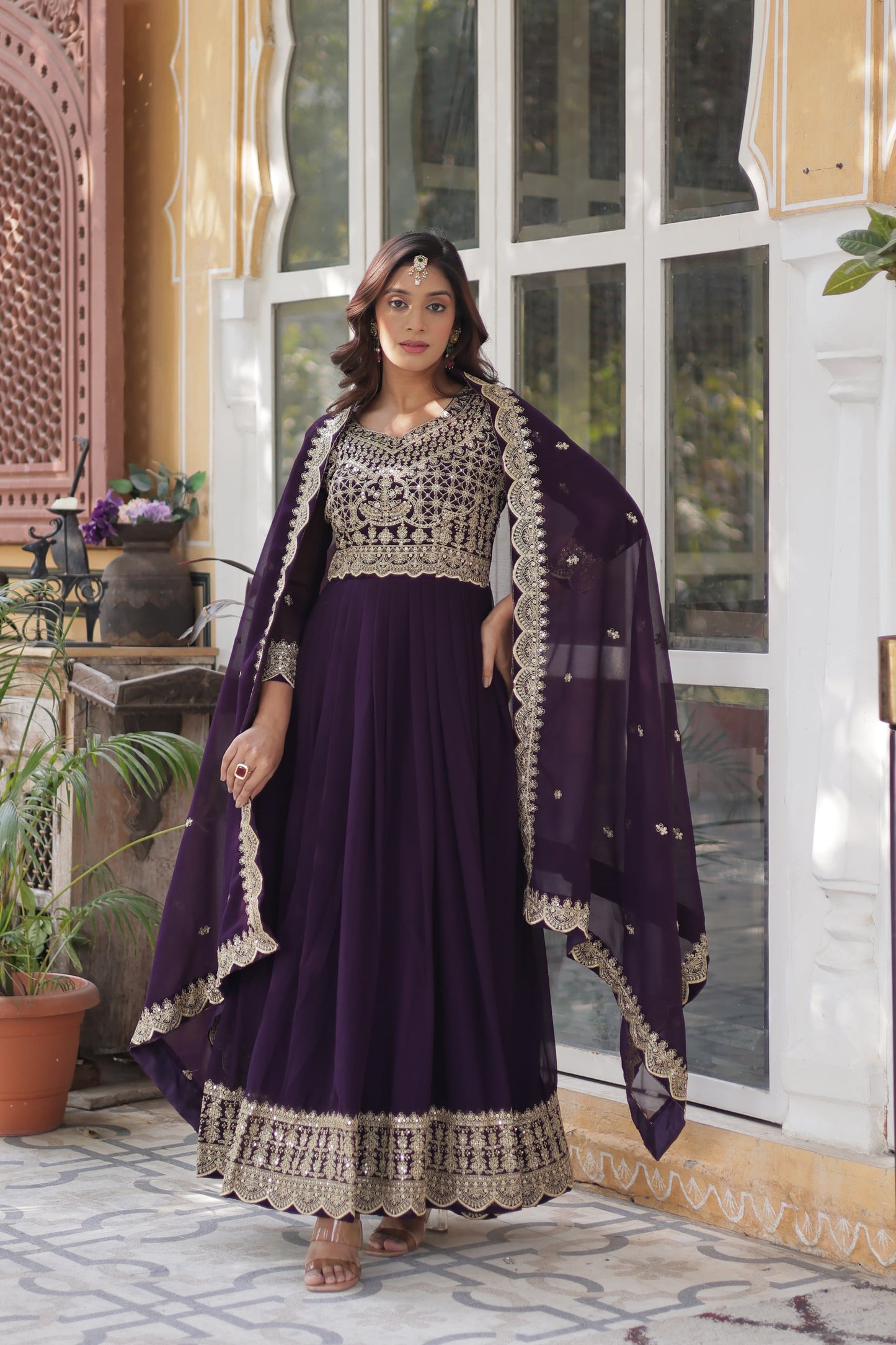 Red Faux Blooming With Embroidery Sequins-work Gown With Dupattta