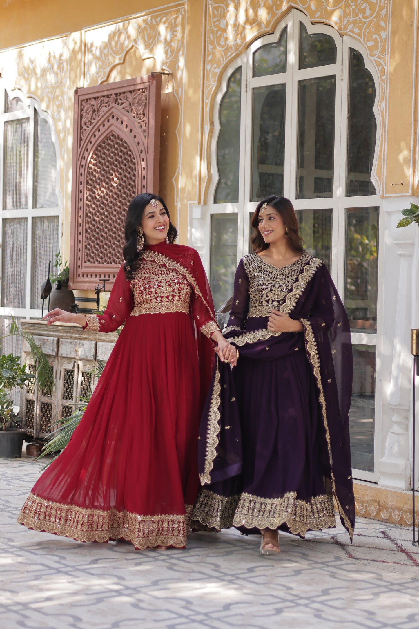 Red Faux Blooming With Embroidery Sequins-work Gown With Dupattta