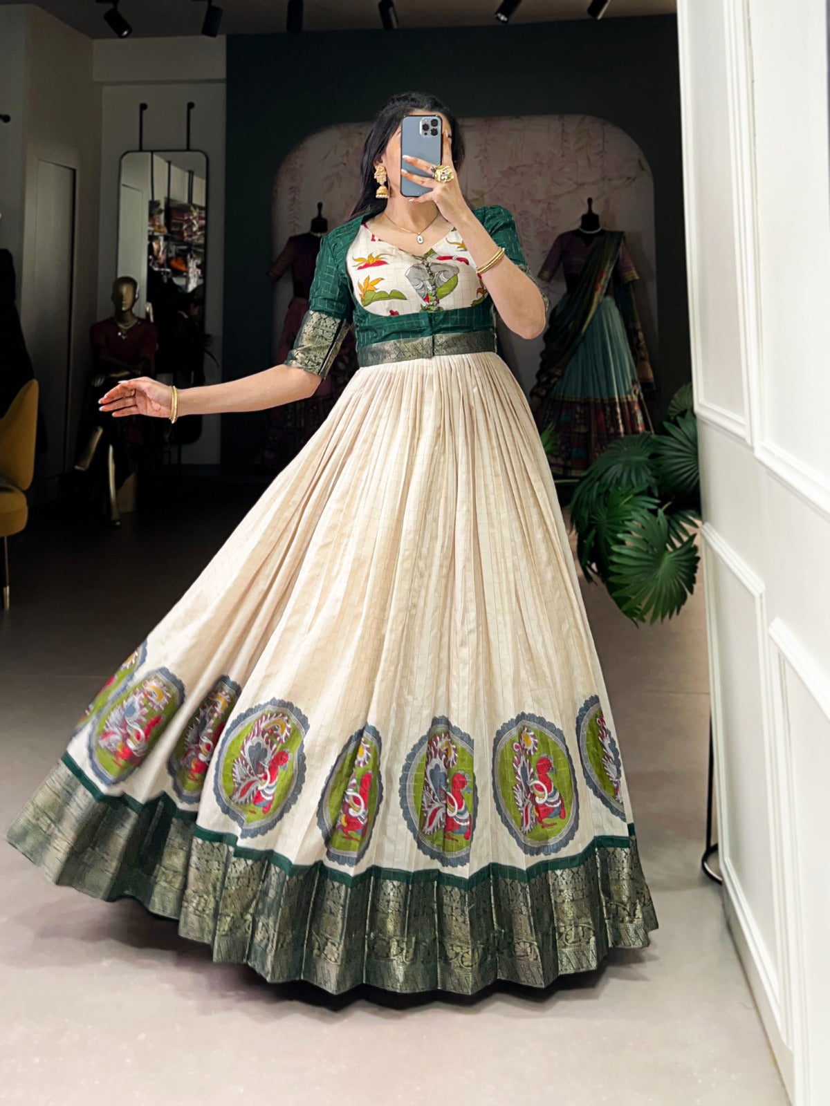Green Dola Silk With Kalamkari Print Gown With Koti