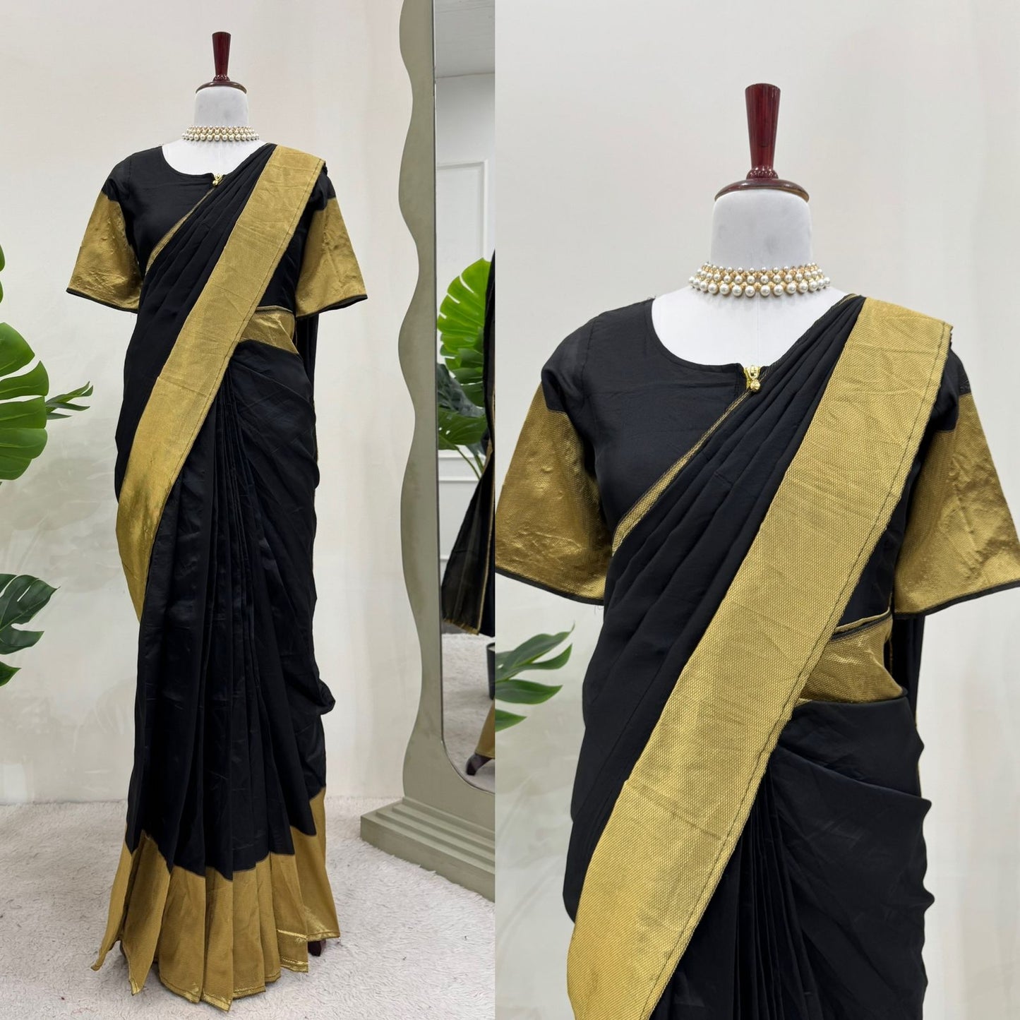Black & Golden Kota Silk Ready to Wear Gown Saree