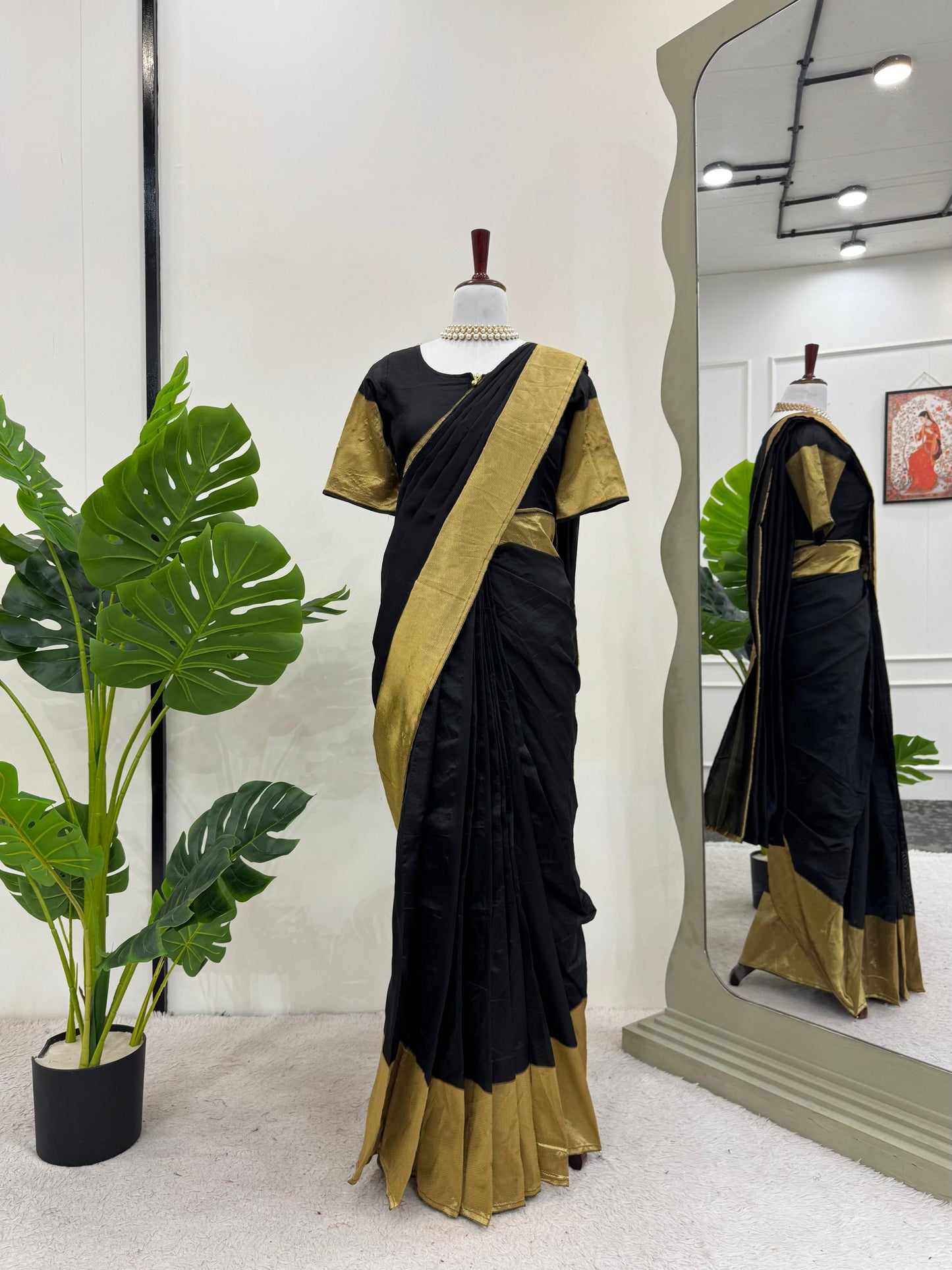 Black & Golden Kota Silk Ready to Wear Gown Saree