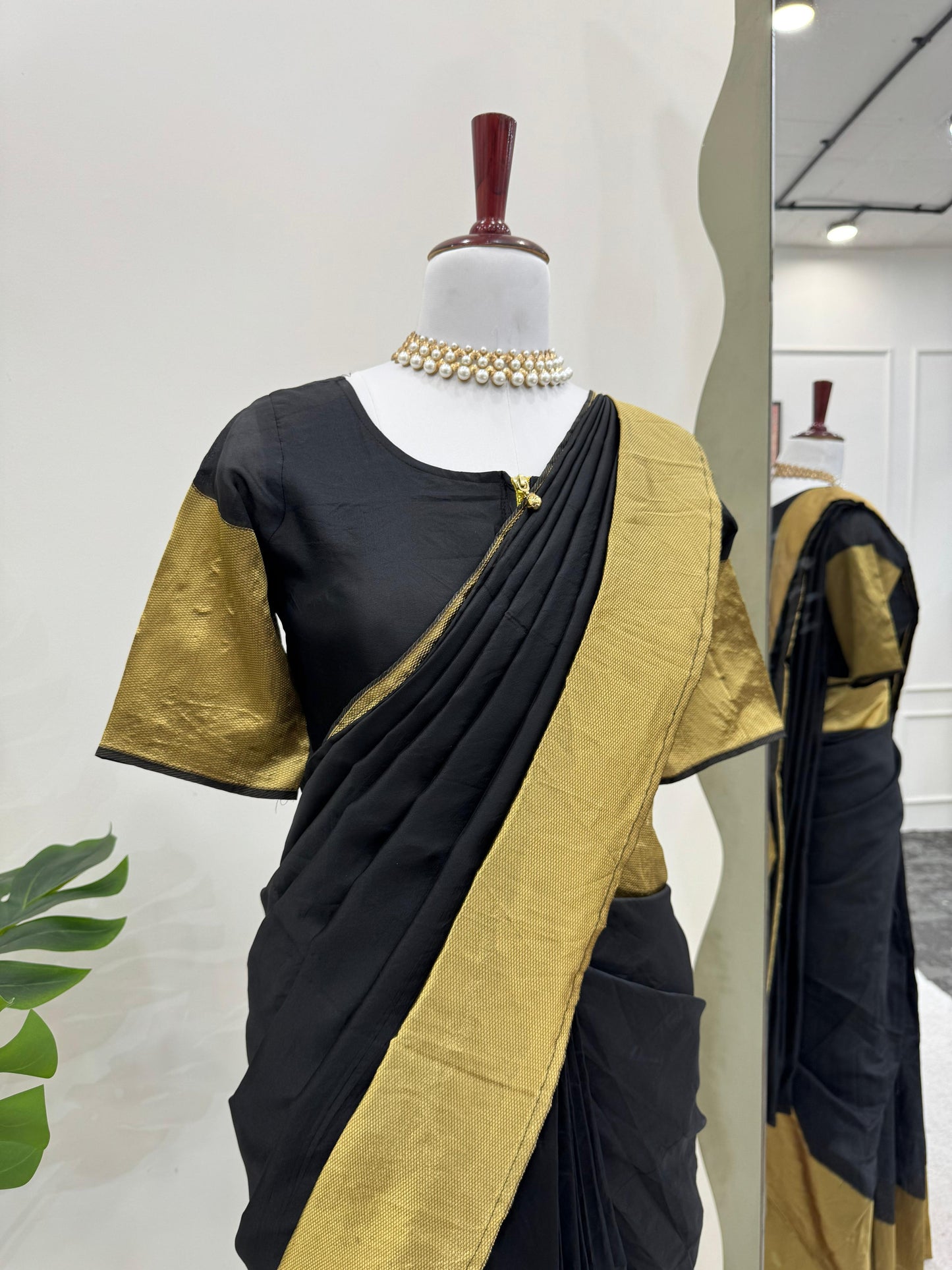 Black & Golden Kota Silk Ready to Wear Gown Saree