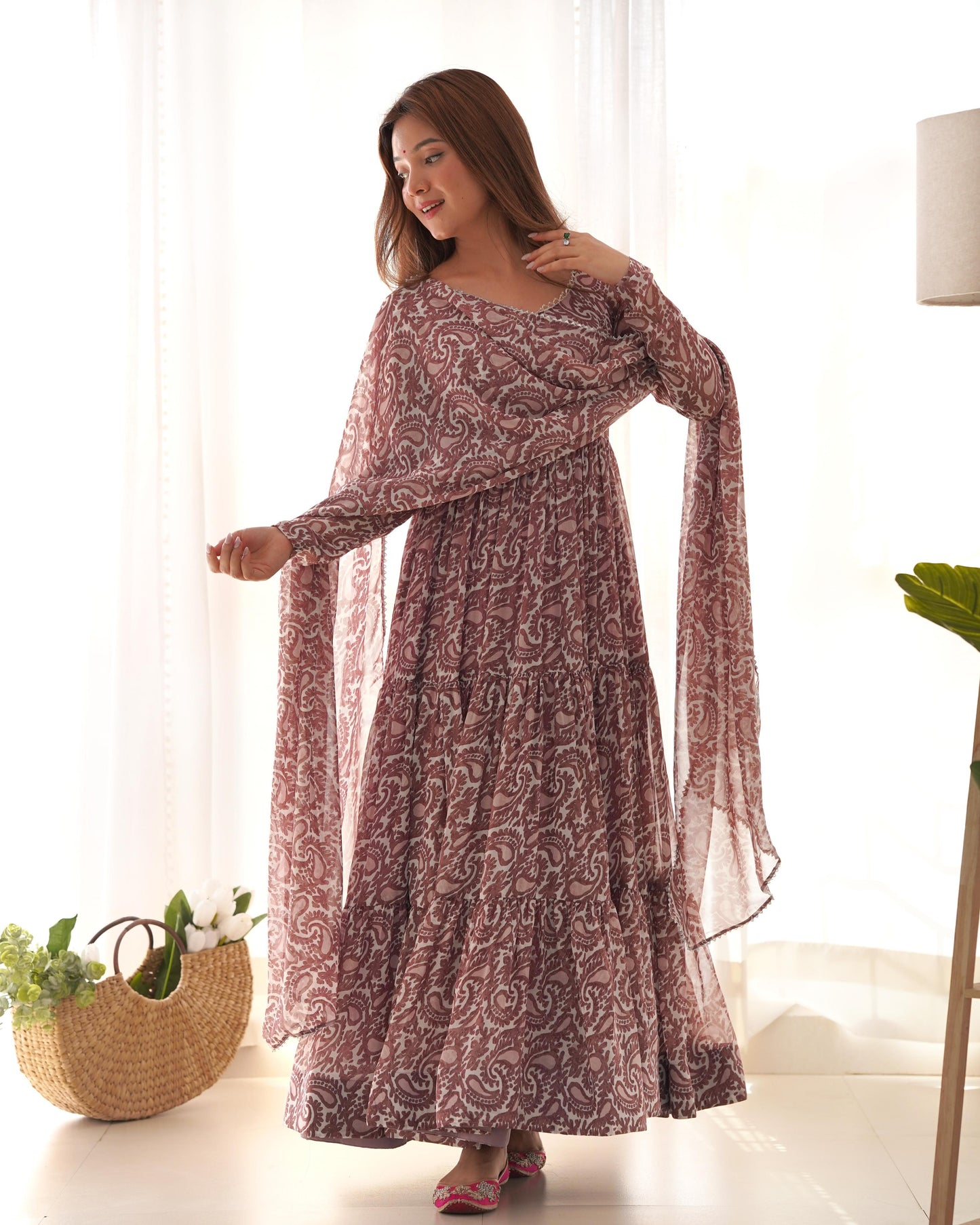 Paisley KalamkariI Print Chocolate Anarkali 3PC Kurta Set