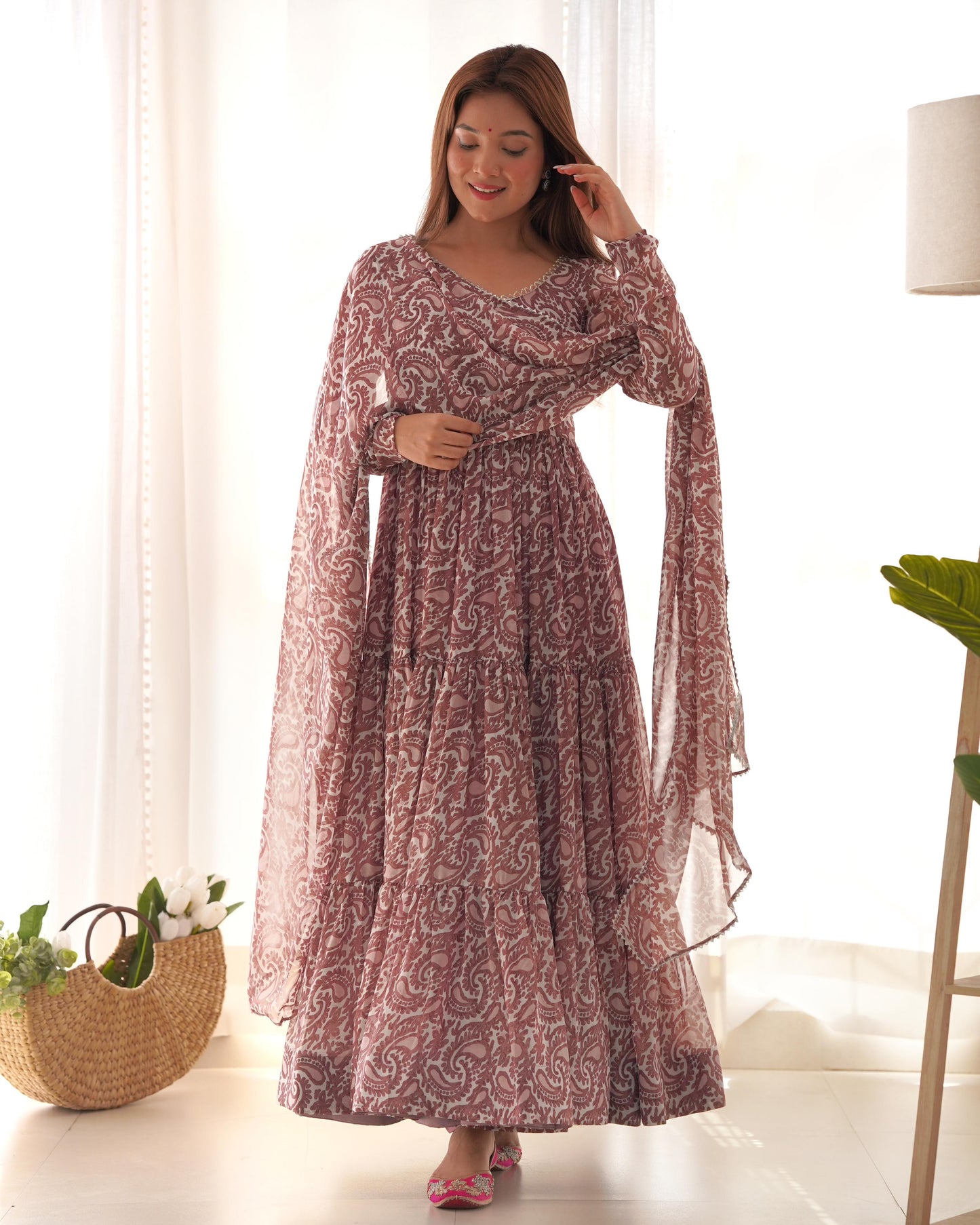 Paisley KalamkariI Print Chocolate Anarkali 3PC Kurta Set