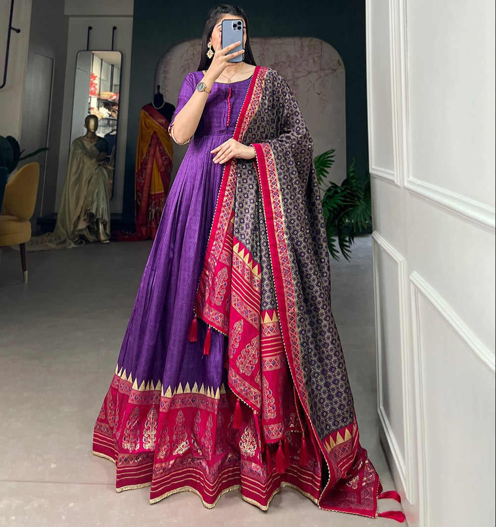 Purple Tussar Silk With Foil Print Gown With Dupatta