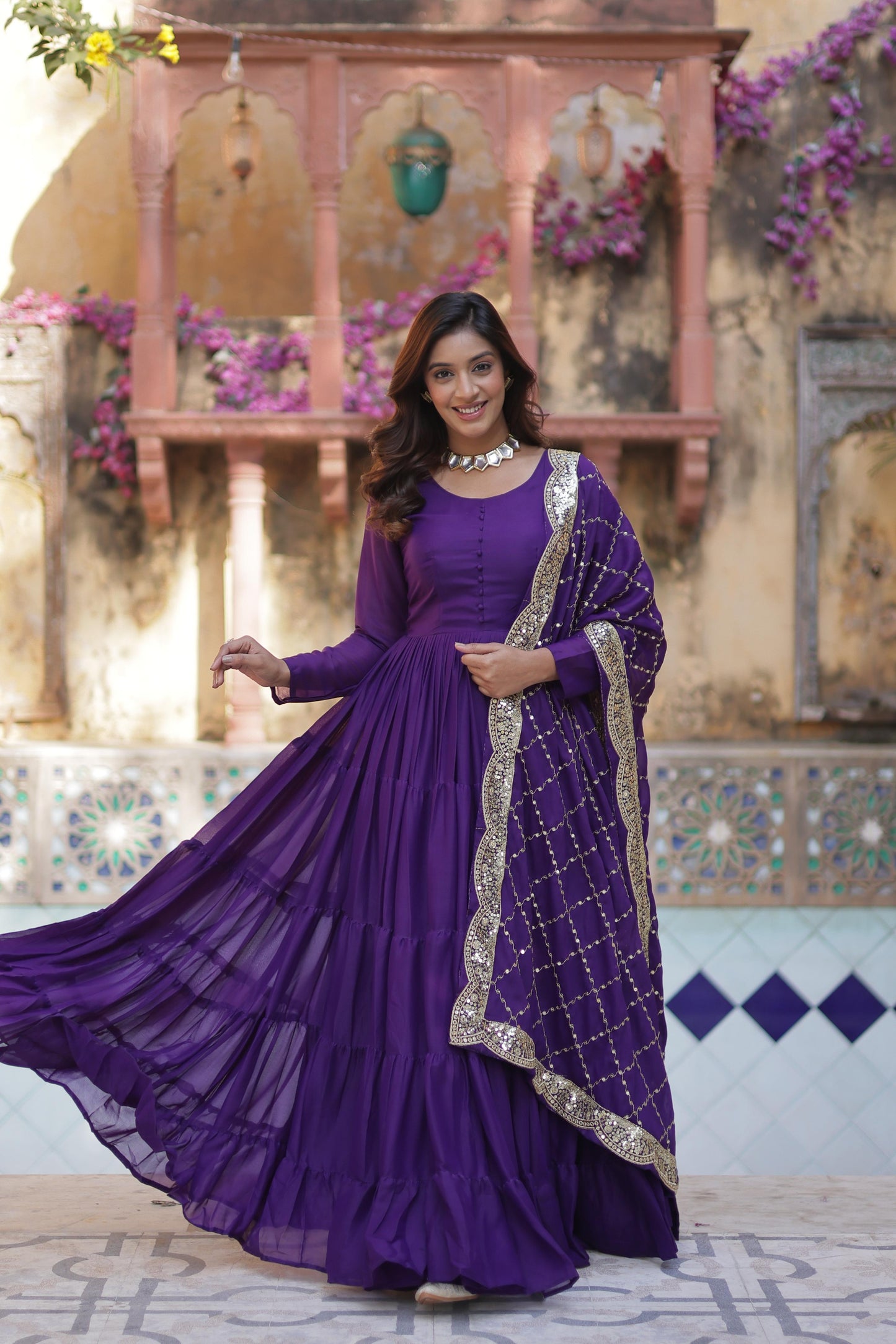 Beautiful Star Georgette Gown With Sequins Embroidered Dupatta