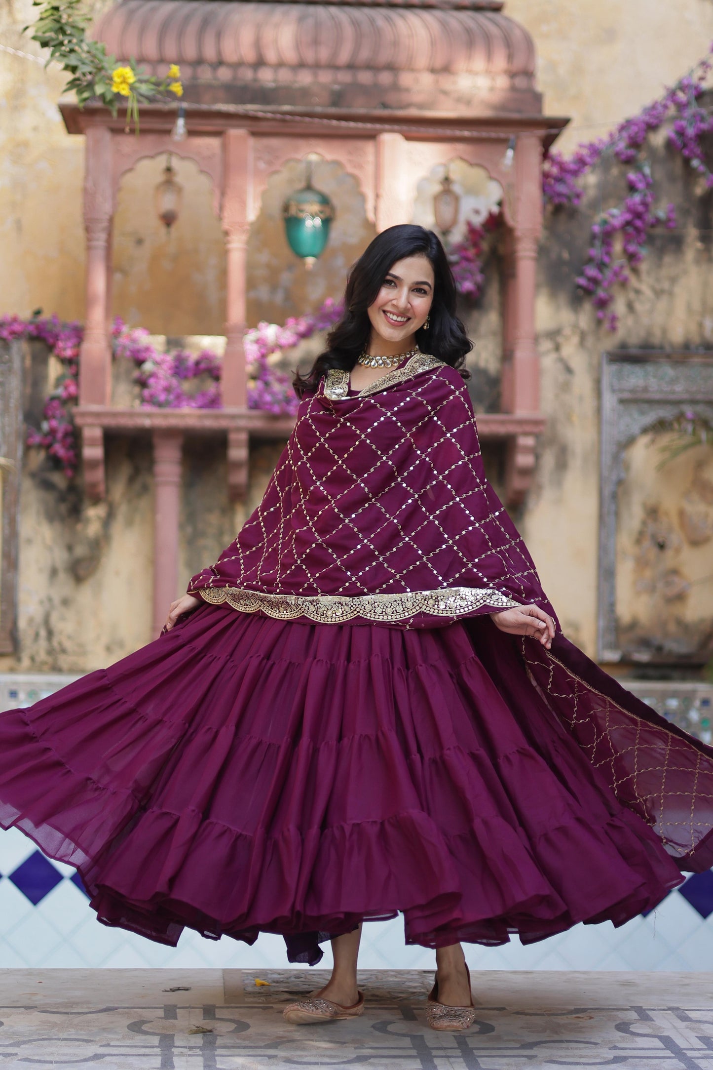 Beautiful Star Georgette Gown With Sequins Embroidered Dupatta