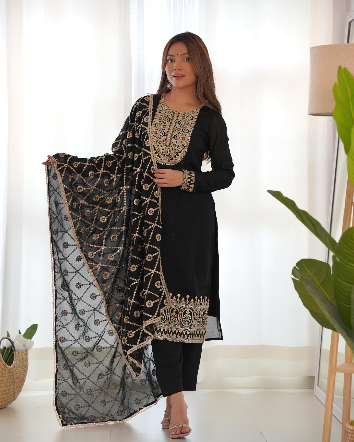 Black Blooming Vichitra Silk With Sequins Work 3Pc Kurta Set