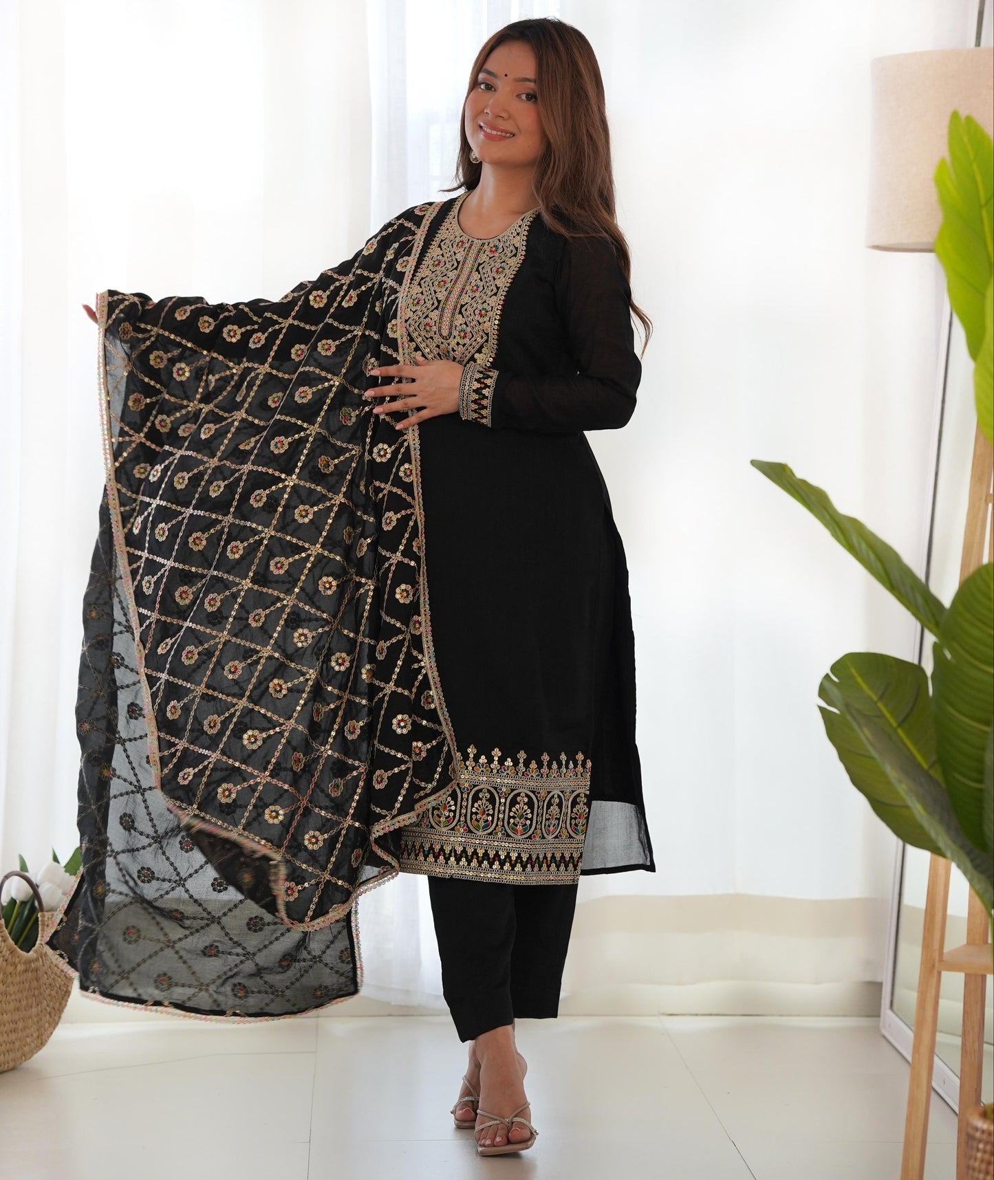 Black Blooming Vichitra Silk With Sequins Work 3Pc Kurta Set