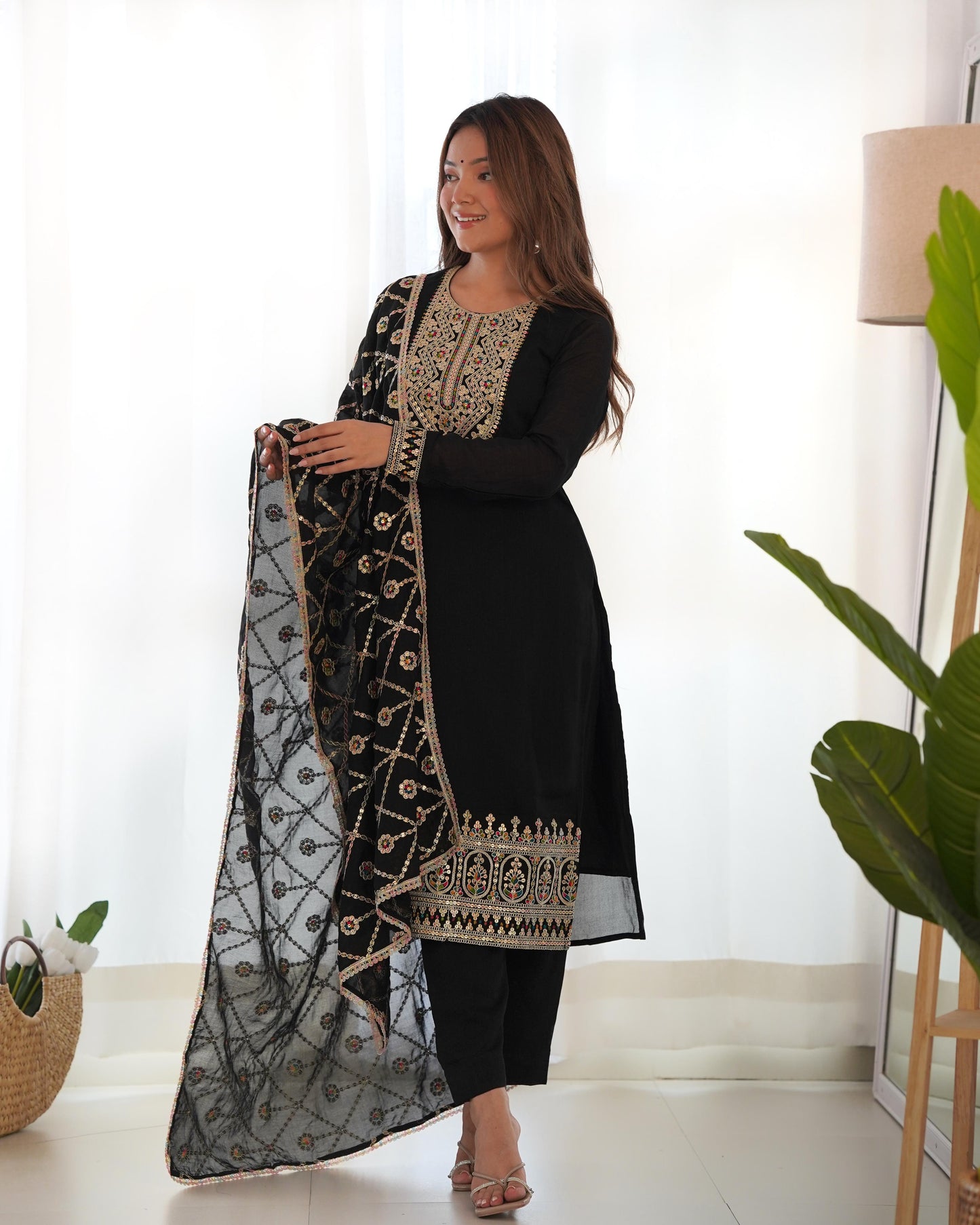 Black Blooming Vichitra Silk With Sequins Work 3Pc Kurta Set